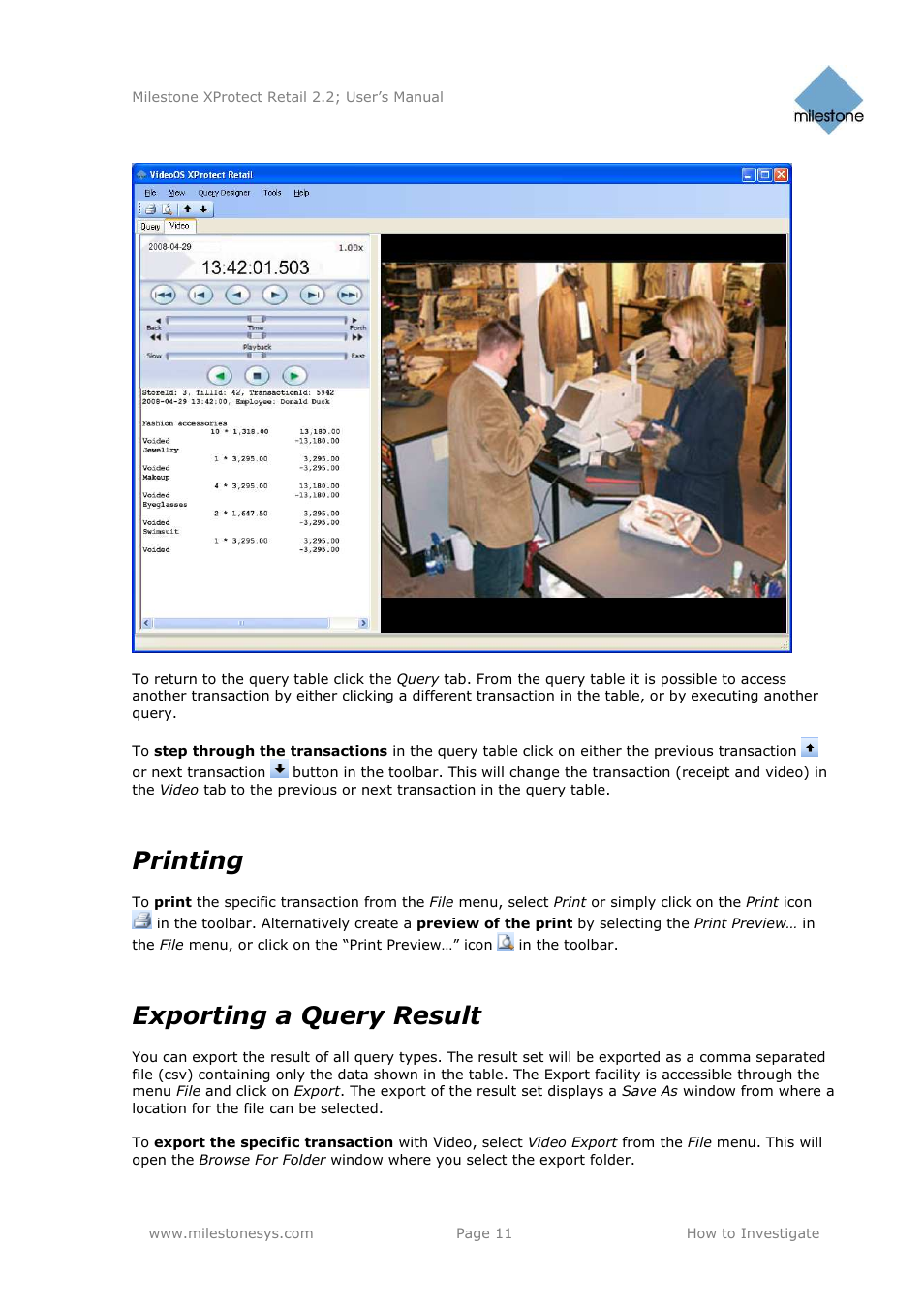 Printing, Exporting a query result | Milestone Retail 2.2 User Manual | Page 11 / 18