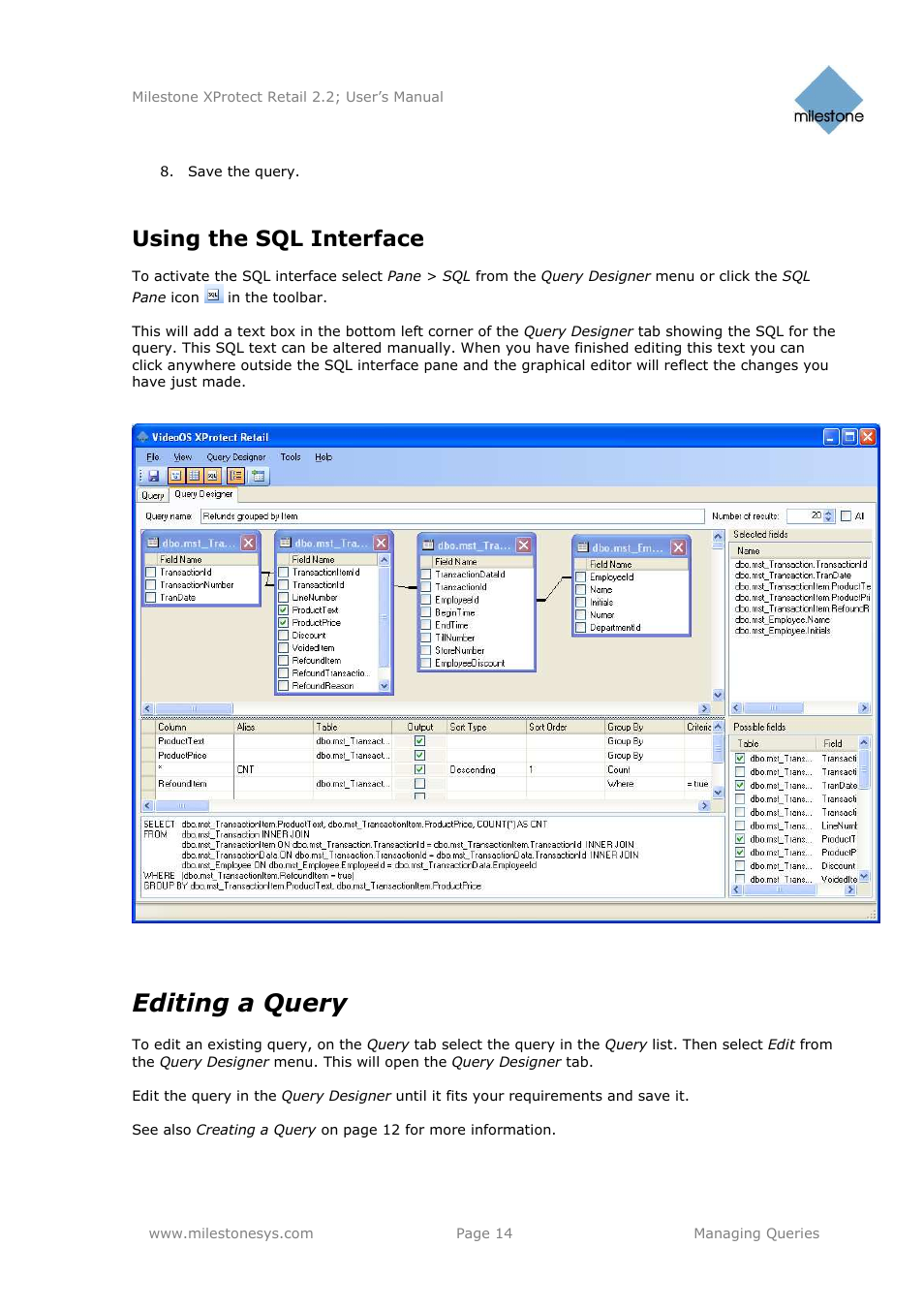 Editing a query, Using the sql interface | Milestone Retail 2.2 User Manual | Page 14 / 18