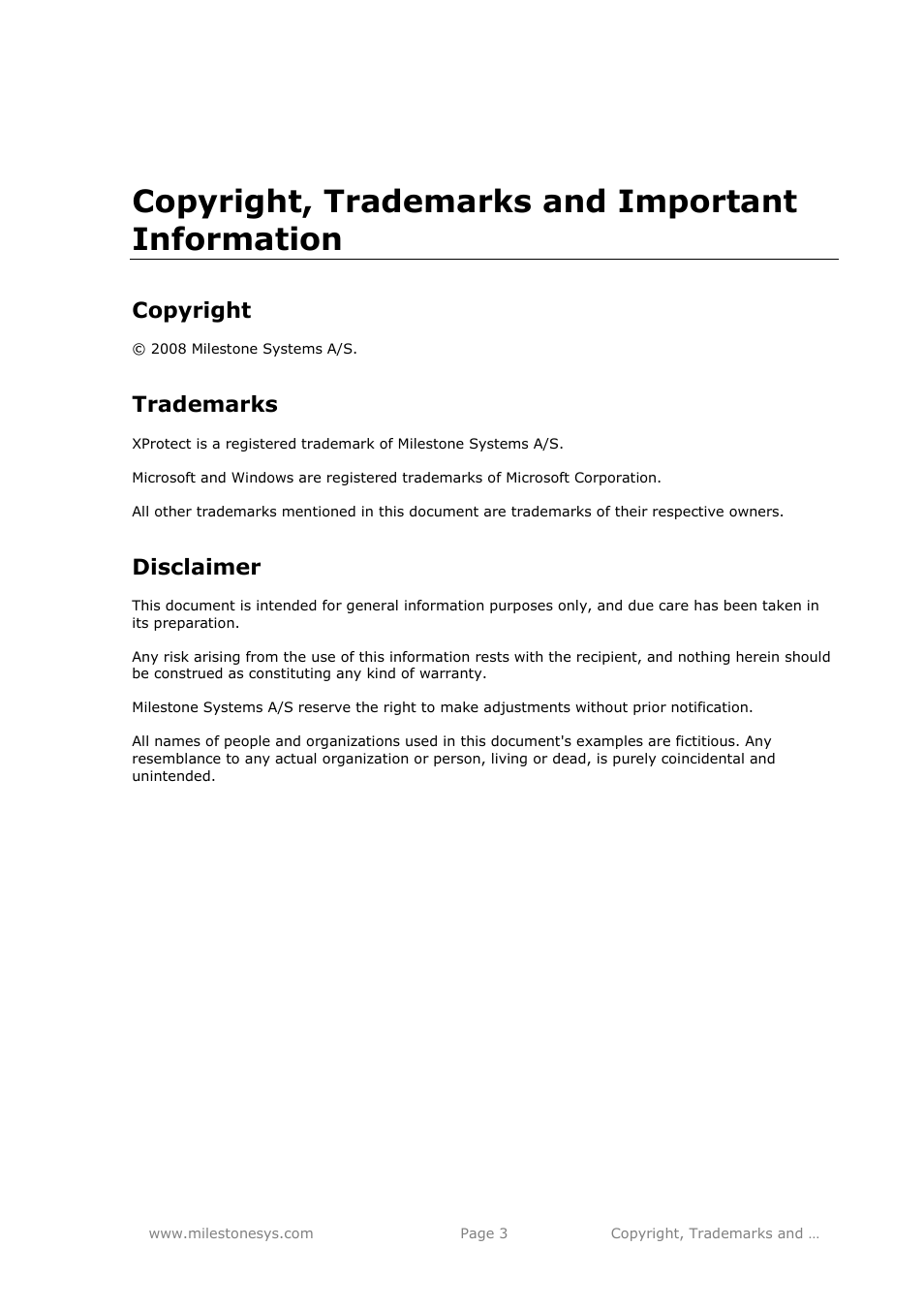 Copyright, trademarks and important information, Copyright, Trademarks | Disclaimer | Milestone Retail 2.2 User Manual | Page 3 / 18
