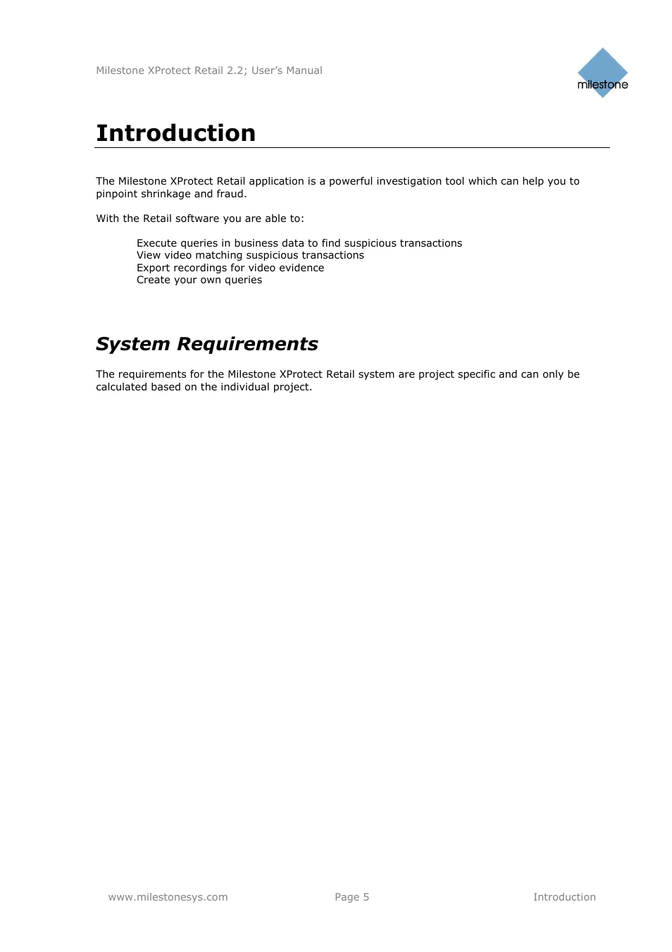 Introduction, System requirements | Milestone Retail 2.2 User Manual | Page 5 / 18