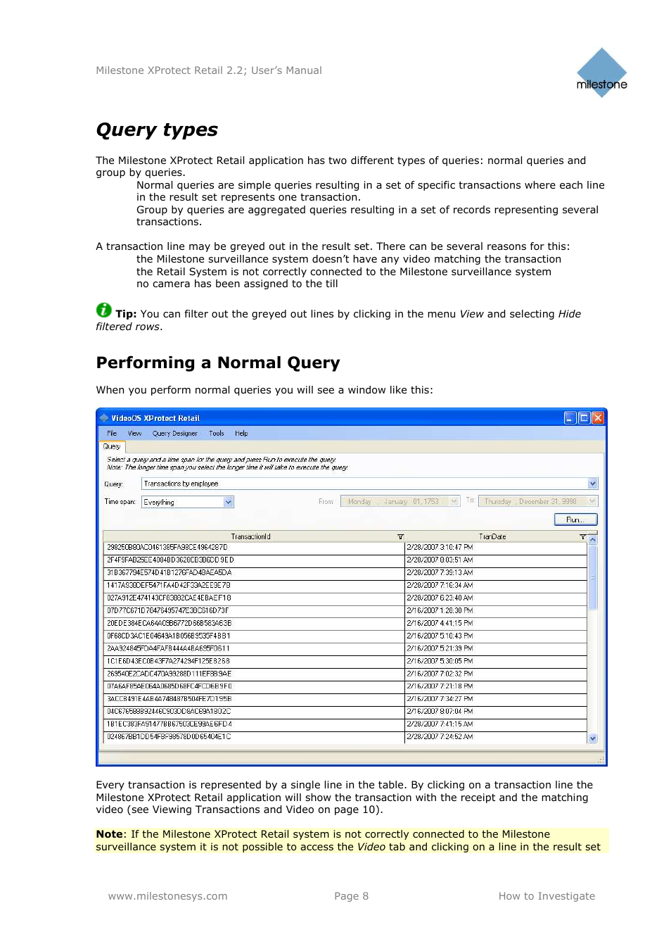 Query types, Performing a normal query | Milestone Retail 2.2 User Manual | Page 8 / 18