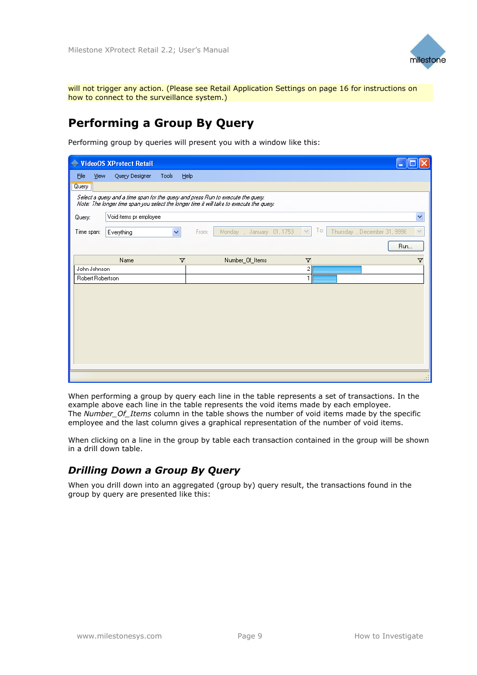Performing a group by query, Drilling down a group by query | Milestone Retail 2.2 User Manual | Page 9 / 18