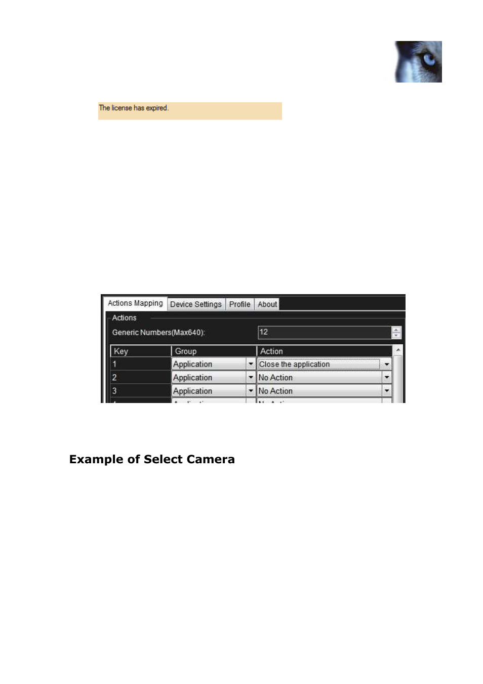 Configurable actions, Example of select camera | Milestone Axis T8310 Controller Smart Client Plug-in User Manual | Page 10 / 15