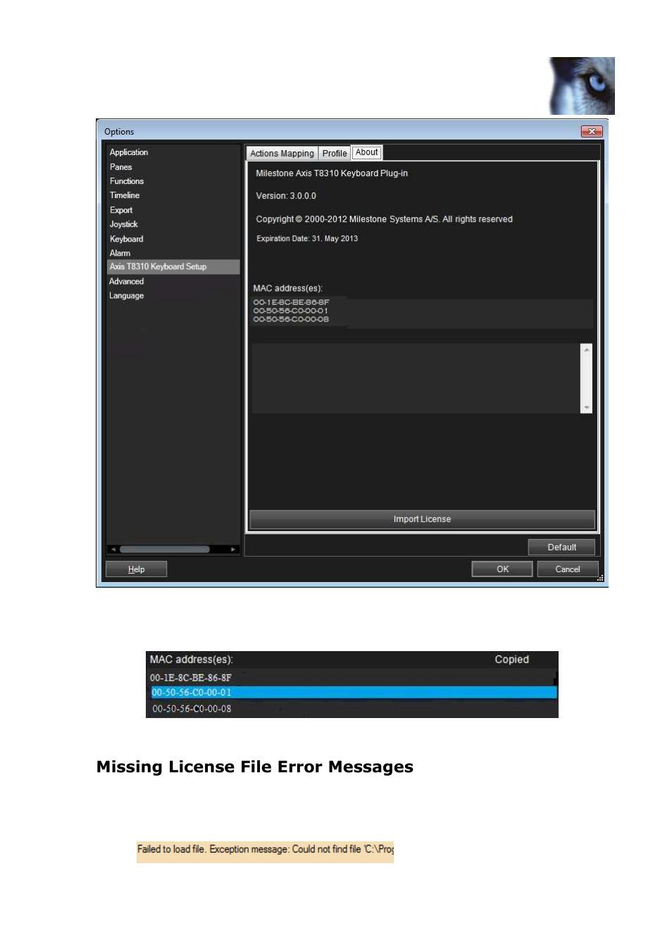 Missing license file error messages | Milestone Axis T8310 Controller Smart Client Plug-in User Manual | Page 9 / 15