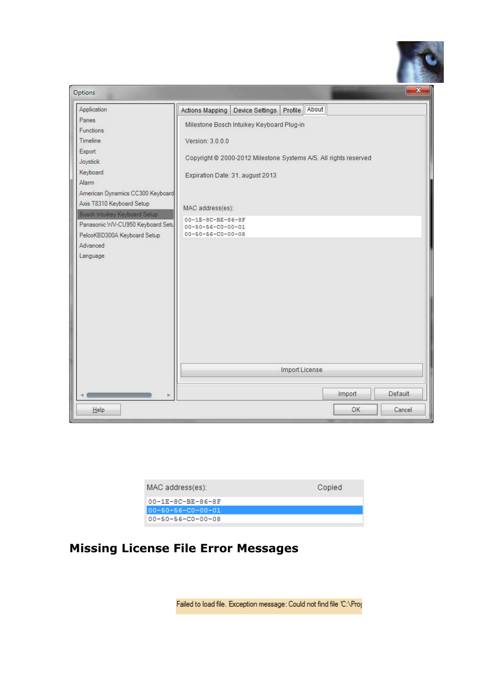 Missing license file error messages | Milestone Bosch Intuikey Keyboard Smart Client Plug-in User Manual | Page 9 / 16