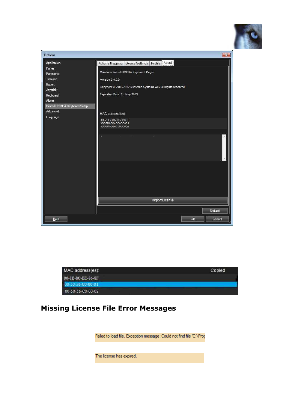 Missing license file error messages | Milestone Pelco KBD300A Keyboard Smart Client Plug-in User Manual | Page 9 / 16
