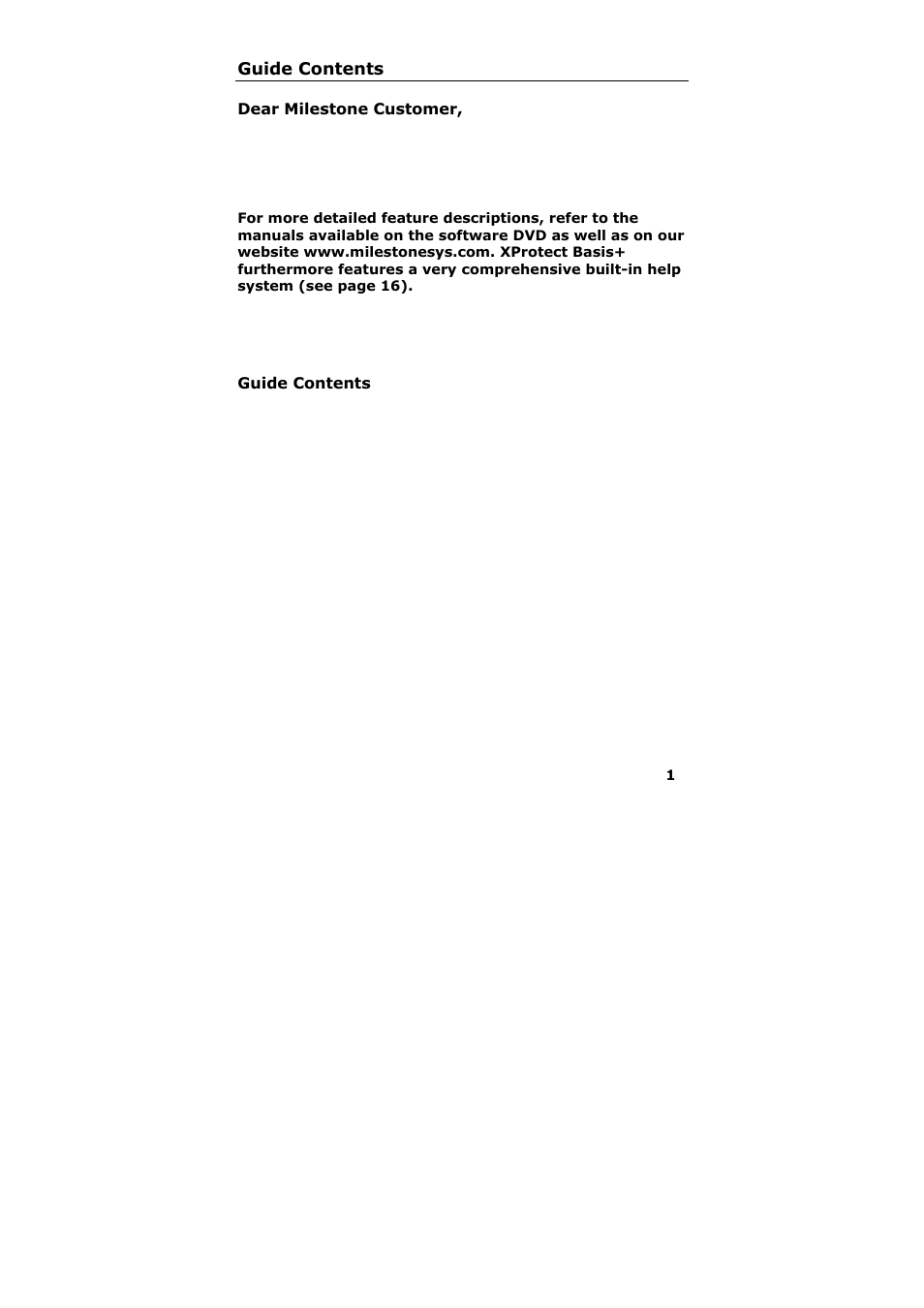 Guide contents, Dear milestone customer | Milestone Basis+ 6.5 User Manual | Page 2 / 17