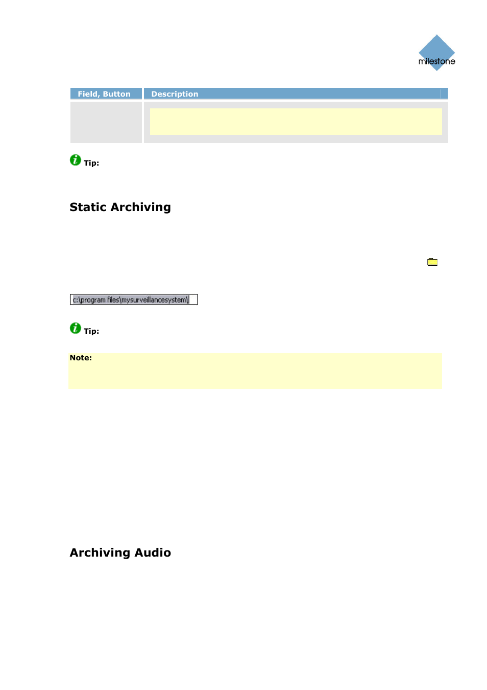 Static archiving, Archiving audio | Milestone Basis+ 6.5 User Manual | Page 108 / 160
