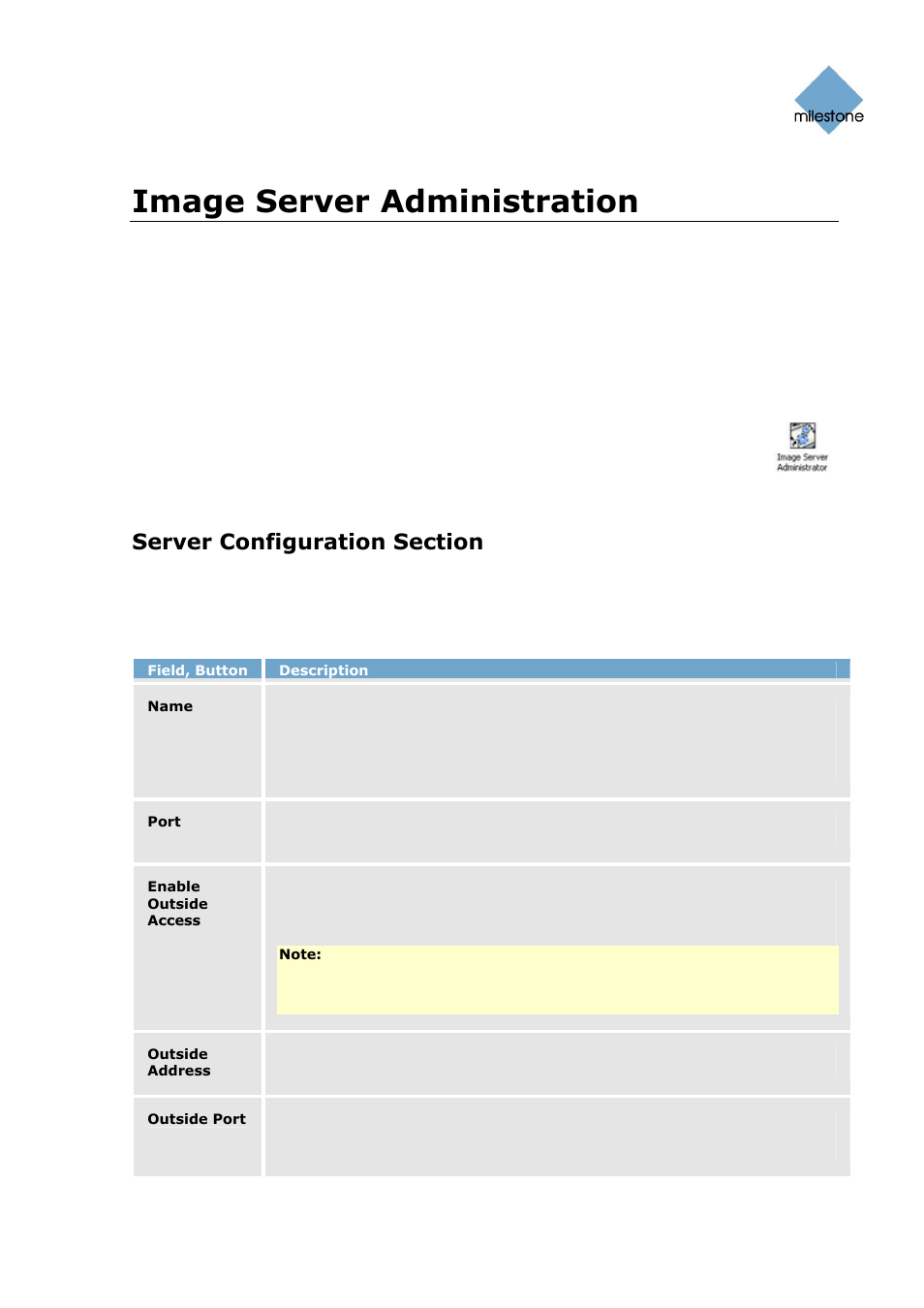 Image server administration, Image server administrator window, Server configuration section | 109). for | Milestone Basis+ 6.5 User Manual | Page 109 / 160