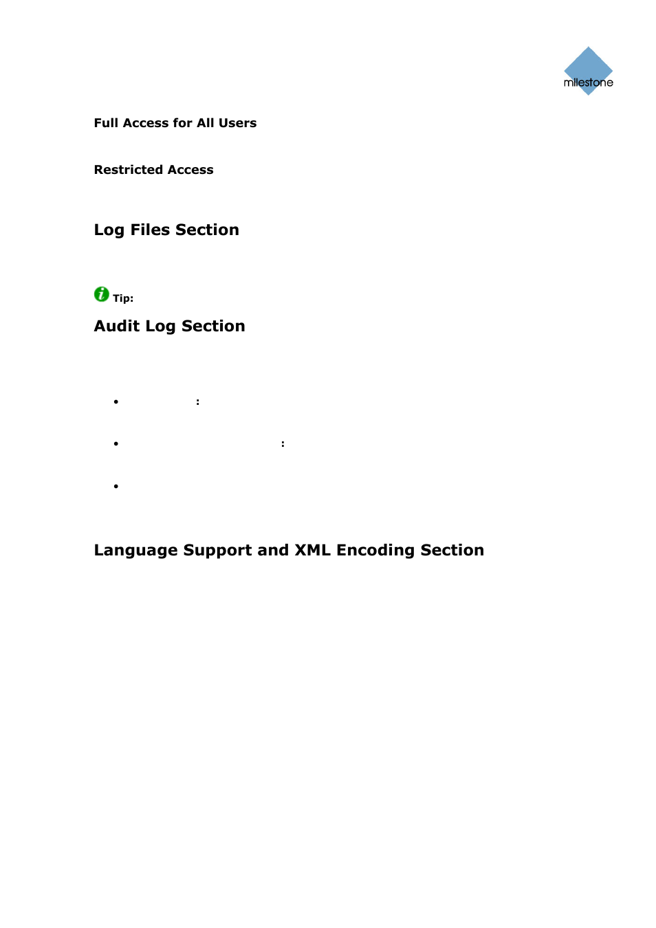 Full access for all users, Restricted access, Good to know: client access to stopped cameras | Log files section, Audit log section, Language support and xml encoding section | Milestone Basis+ 6.5 User Manual | Page 111 / 160