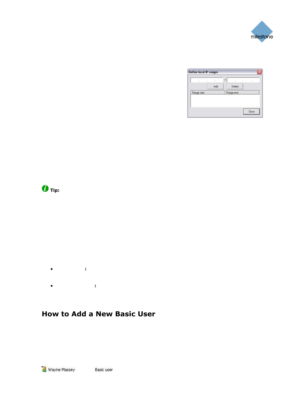 Define local ip ranges window, User administration window, How to add a new basic user | Milestone Basis+ 6.5 User Manual | Page 112 / 160