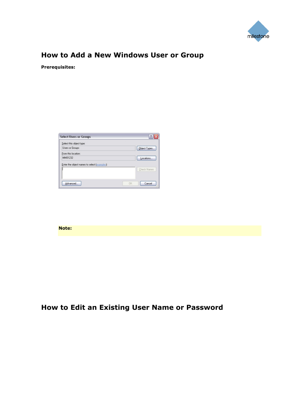 How to edit an existing user name or password, How to add a new windows user or group | Milestone Basis+ 6.5 User Manual | Page 113 / 160