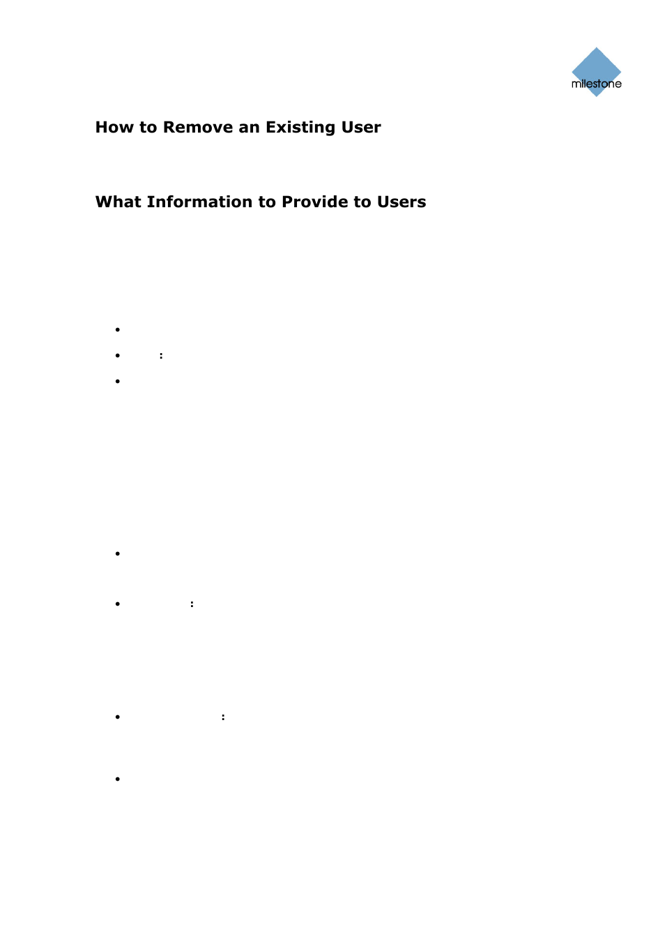 How to remove an existing user, What information to provide to users, Remote client users | Smart client users | Milestone Basis+ 6.5 User Manual | Page 114 / 160
