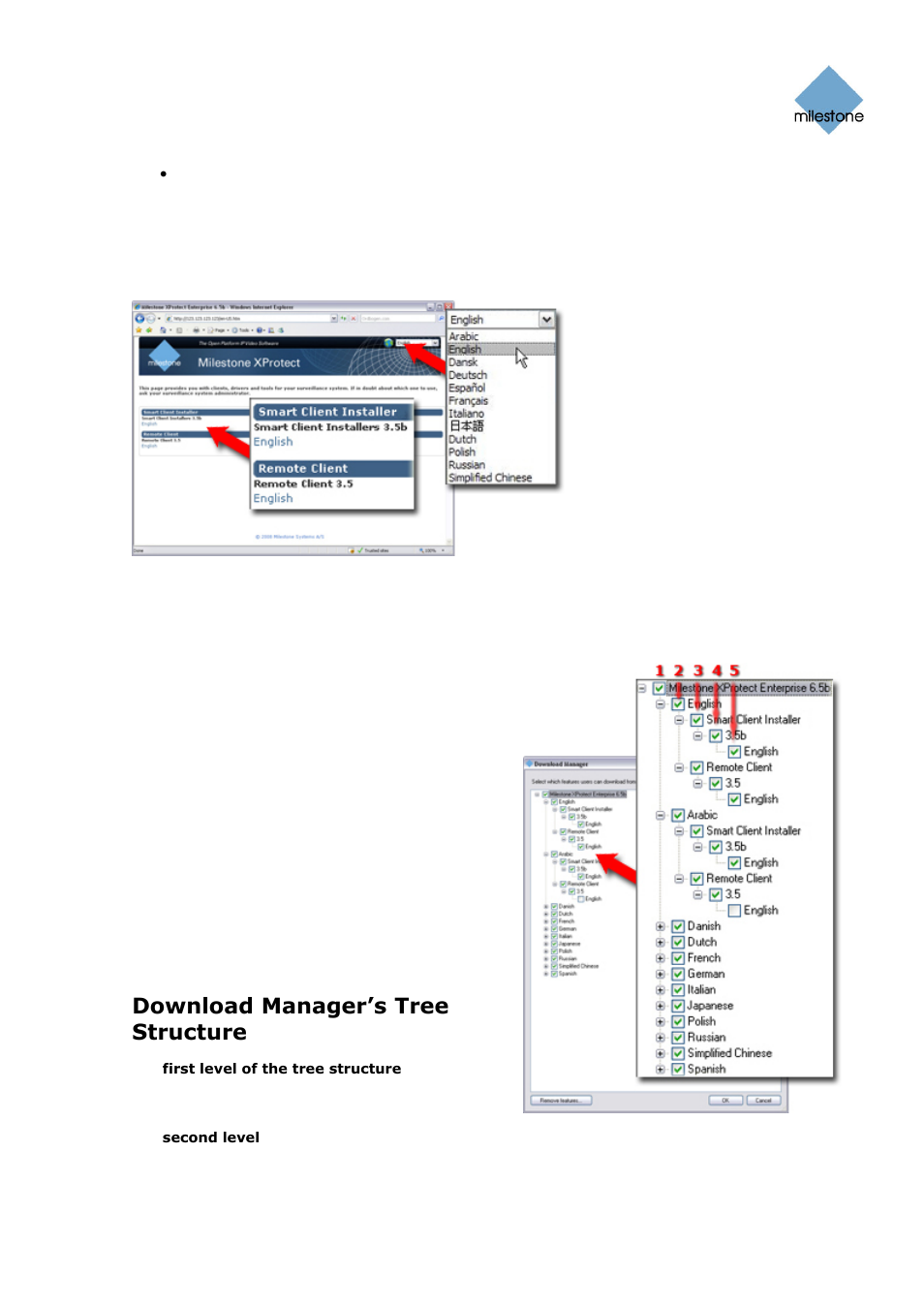 Download manager’s default configuration, Download manager’s tree structure | Milestone Basis+ 6.5 User Manual | Page 119 / 160