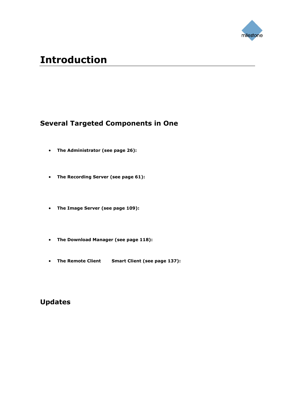 Introduction, Product overview, Several targeted components in one | Updates | Milestone Basis+ 6.5 User Manual | Page 13 / 160