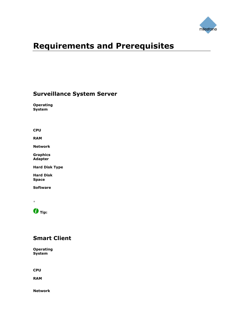 Requirements and prerequisites, System requirements, Surveillance system server | Smart client | Milestone Basis+ 6.5 User Manual | Page 14 / 160