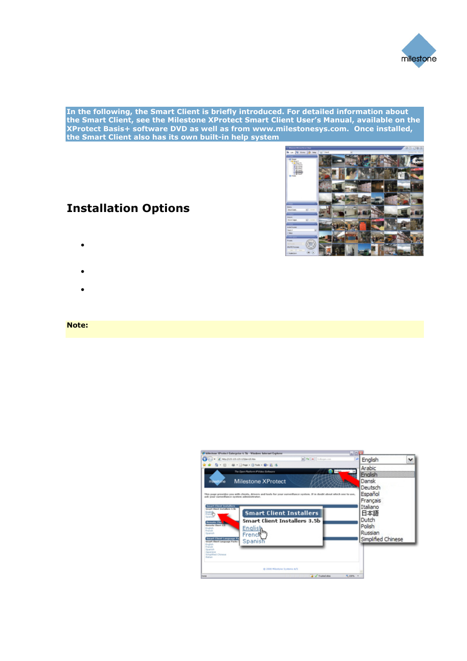 Smart client, Download and installation from server, Installation options | Ge 140). the, Ge 140), 140). in the, Ge 140, E 140) or the | Milestone Basis+ 6.5 User Manual | Page 140 / 160