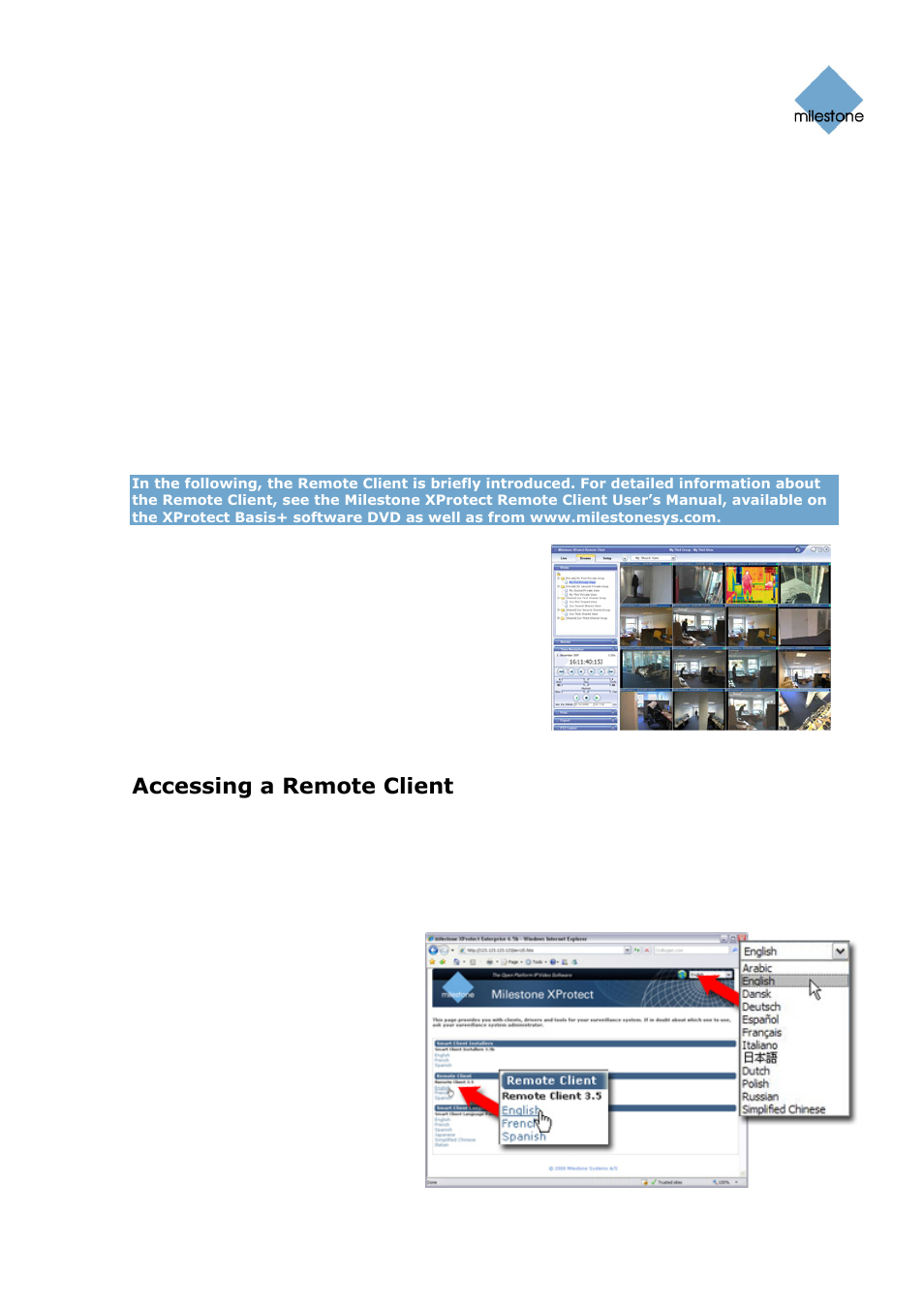 Remote client, Accessing a remote client, Ge 142) and smart | Ge 142) and s | Milestone Basis+ 6.5 User Manual | Page 142 / 160