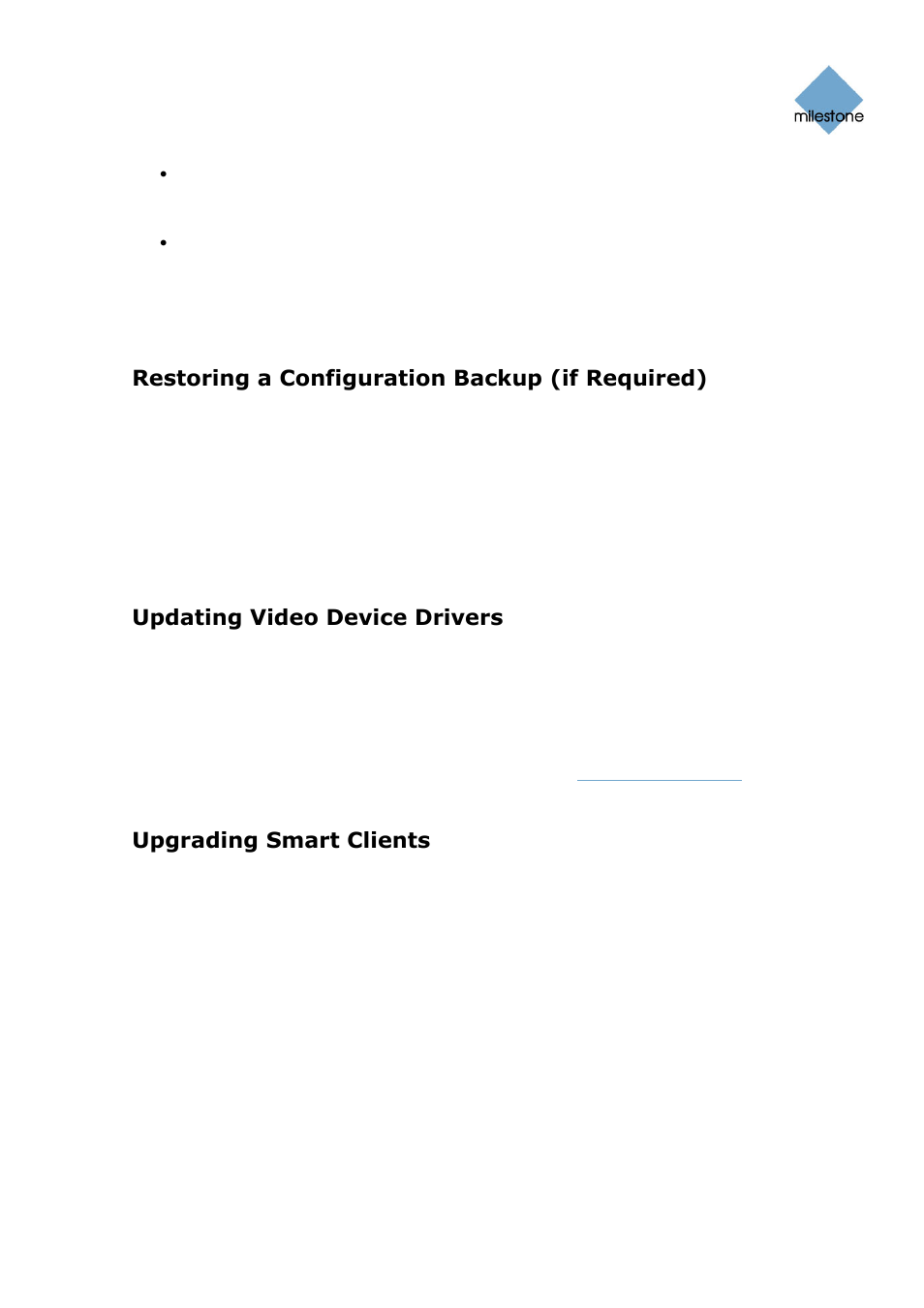 Restoring a configuration backup (if required), Updating video device drivers, Upgrading smart clients | Milestone Basis+ 6.5 User Manual | Page 23 / 160