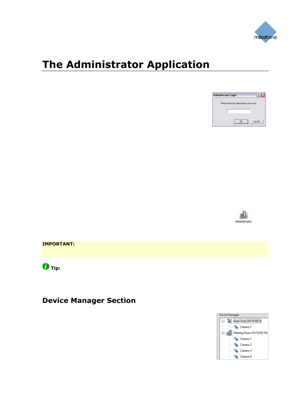 The administrator application, Administrator login window, Administrator window | Device manager section | Milestone Basis+ 6.5 User Manual | Page 26 / 160