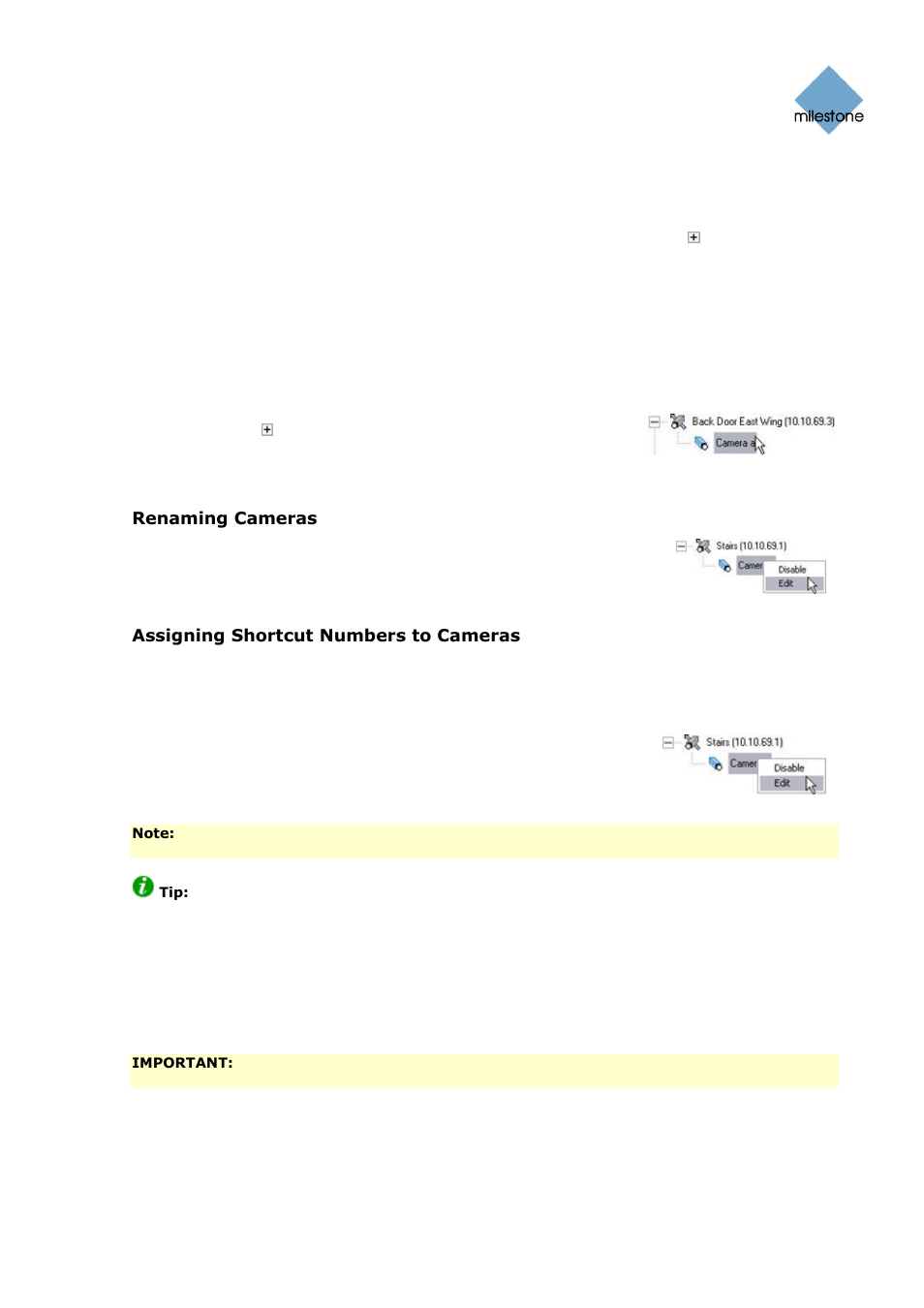 Adding devices, Editing settings for devices, Editing settings for cameras | Renaming cameras, Assigning shortcut numbers to cameras, Editing settings for audio sources, Disabling/enabling cameras and audio sources | Milestone Basis+ 6.5 User Manual | Page 27 / 160