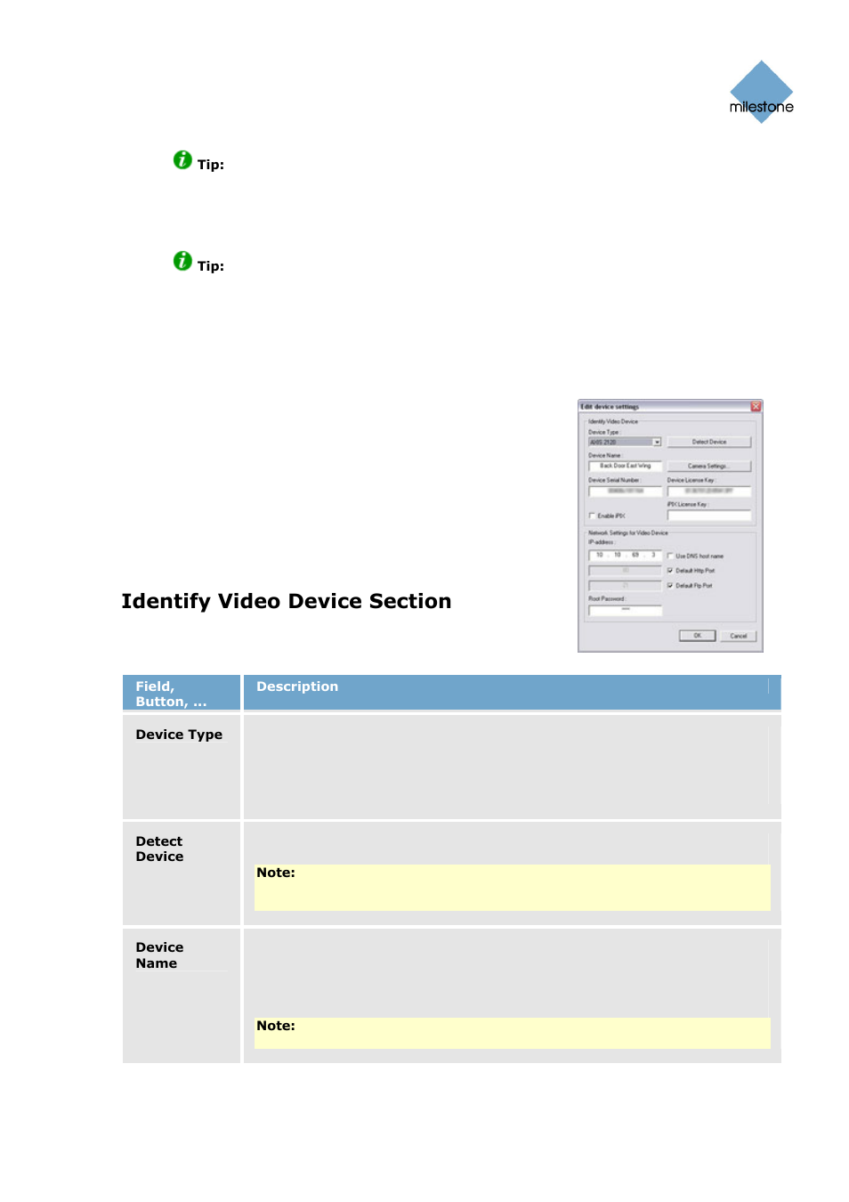 Edit device settings window, Identify video device section | Milestone Basis+ 6.5 User Manual | Page 34 / 160