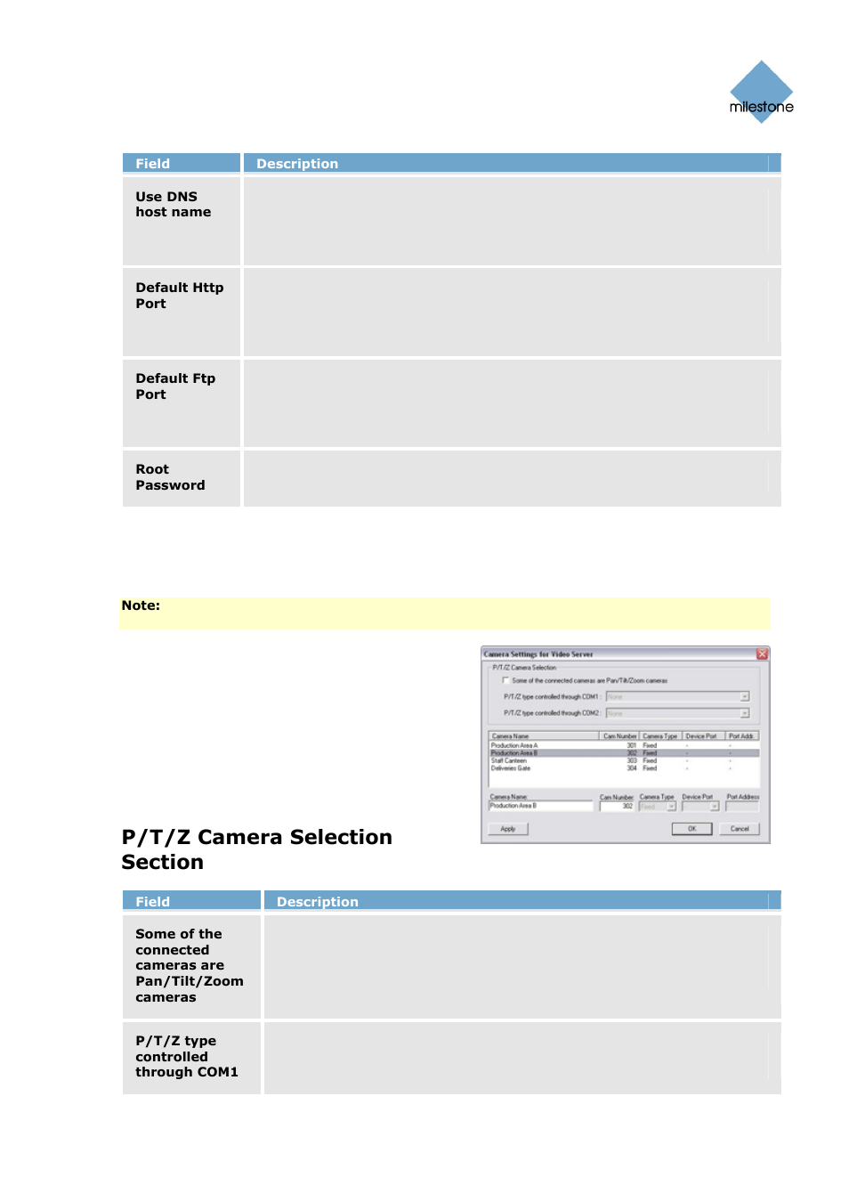 Camera settings for [device name] window, P/t/z camera selection section | Milestone Basis+ 6.5 User Manual | Page 36 / 160