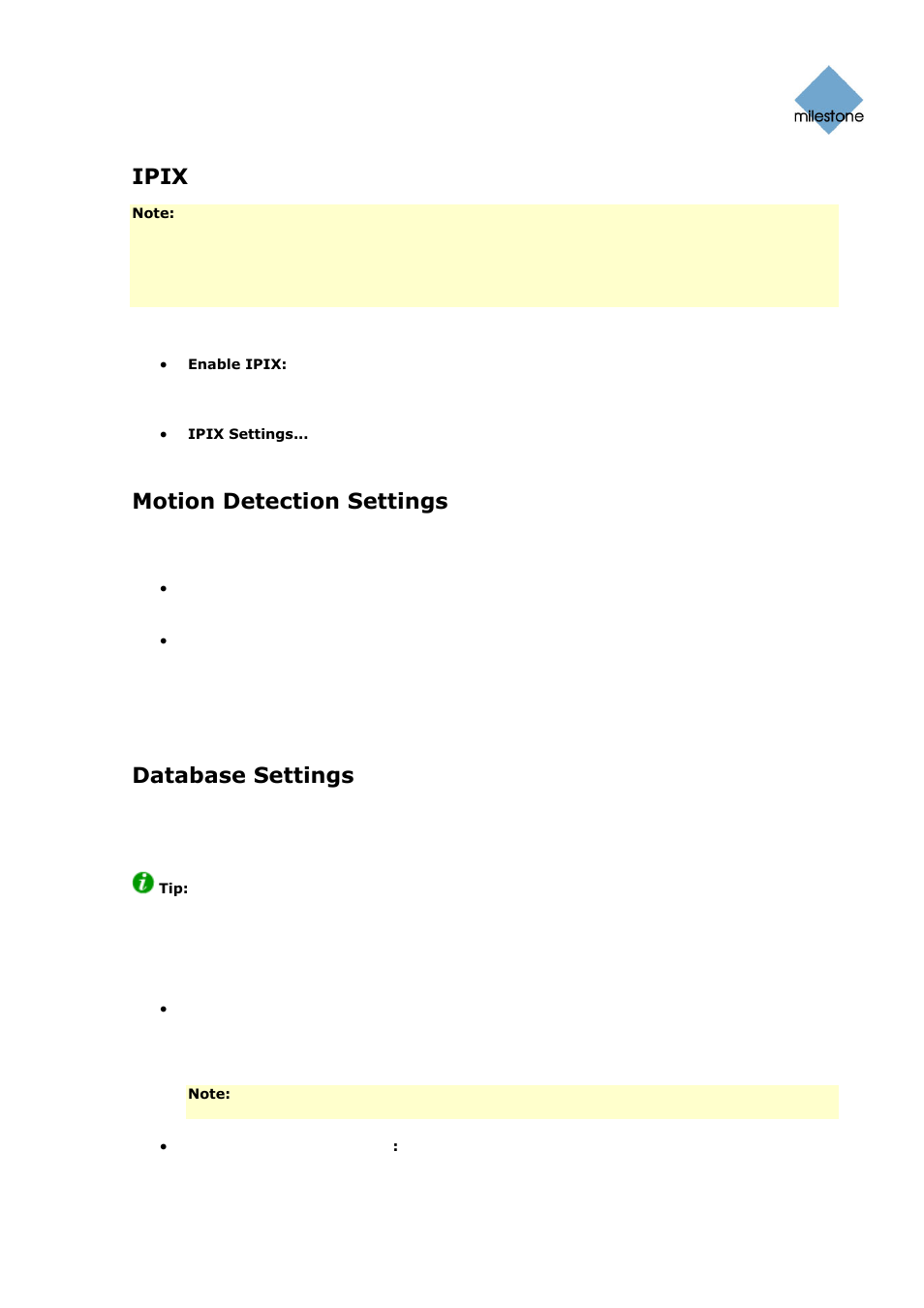 Ipix, Motion detection settings, Database settings | Milestone Basis+ 6.5 User Manual | Page 42 / 160