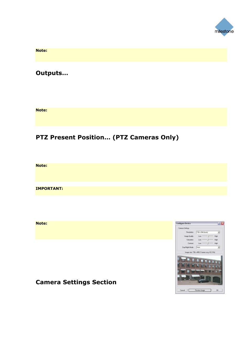 Outputs, Ptz present position… (ptz cameras only), Configure device window | Camera settings section, Include date and time in image | Milestone Basis+ 6.5 User Manual | Page 45 / 160