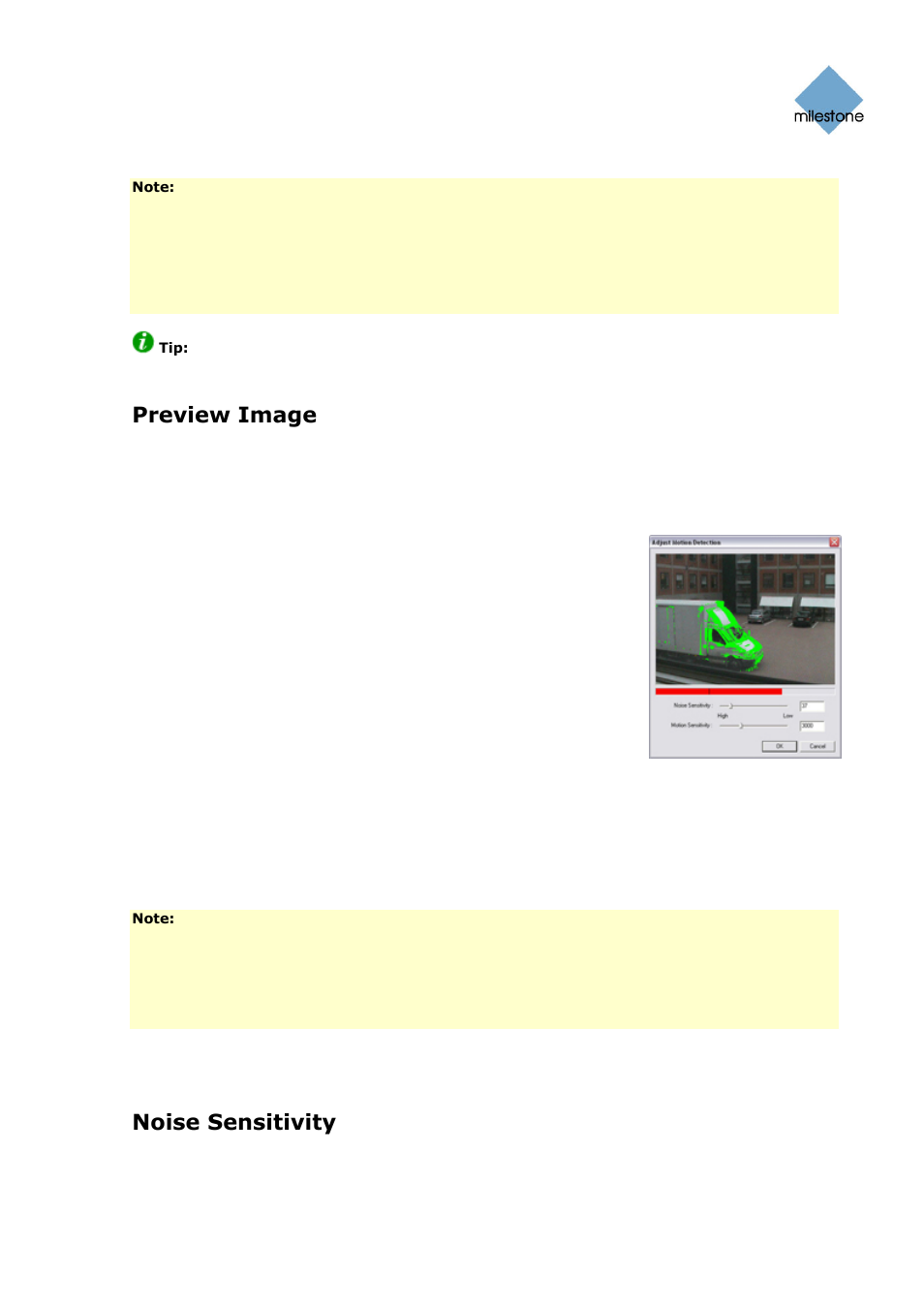 Preview image, Adjust motion detection window, Noise sensitivity | Milestone Basis+ 6.5 User Manual | Page 46 / 160