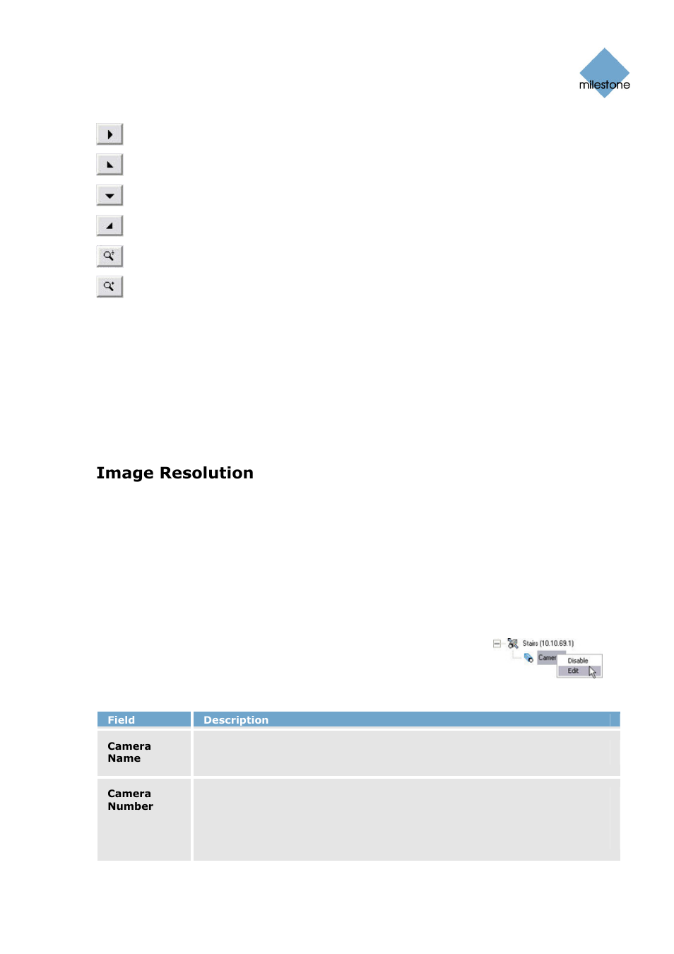 Ceiling mounted cameras, Setting a view as home position, Image resolution | Camera name and number window, 57), in wh | Milestone Basis+ 6.5 User Manual | Page 57 / 160