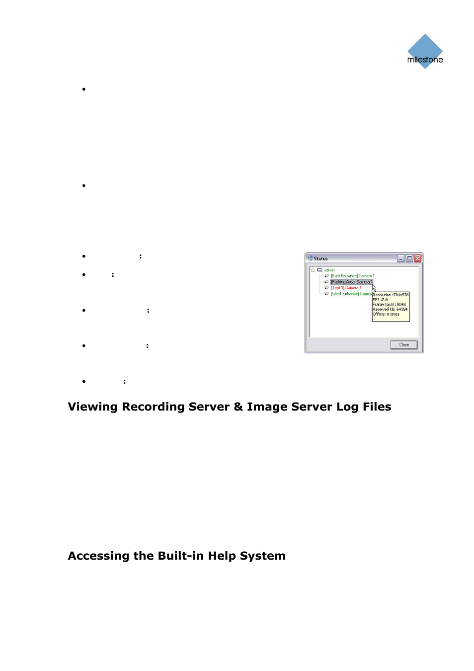 Viewing recording server & image server log files, Accessing the built-in help system | Milestone Basis+ 6.5 User Manual | Page 62 / 160