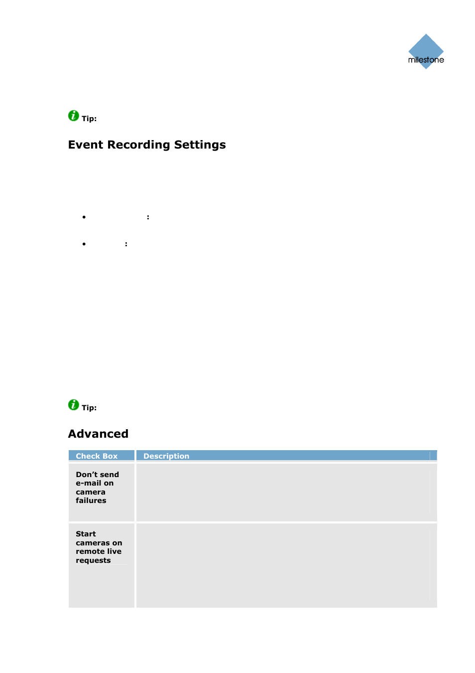 Event recording settings, Path, Days to keep | Advanced | Milestone Basis+ 6.5 User Manual | Page 69 / 160