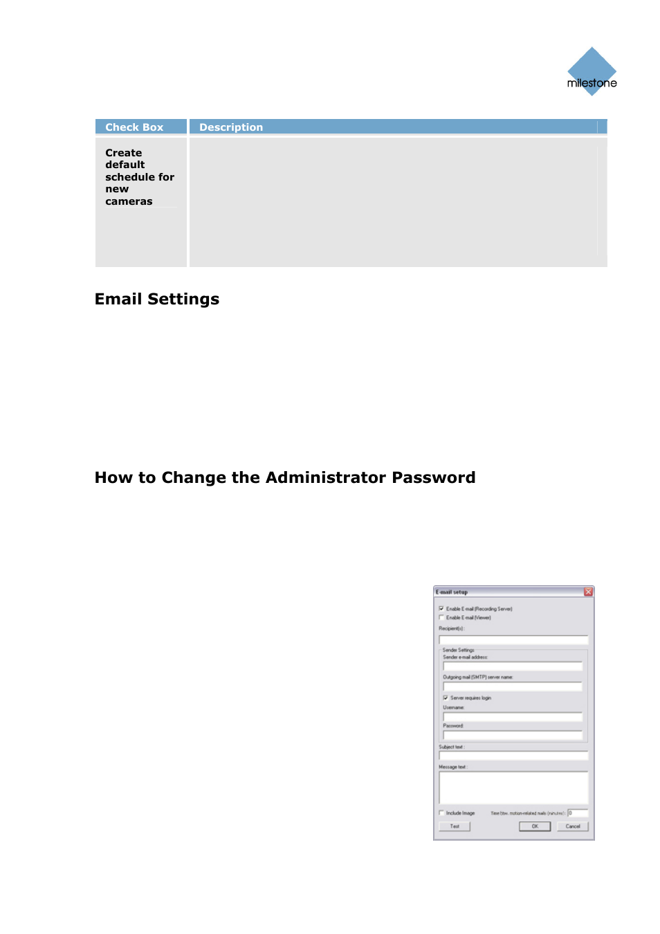 Email settings, Change password window, How to change the administrator password | E-mail setup window, Ge 70 | Milestone Basis+ 6.5 User Manual | Page 70 / 160
