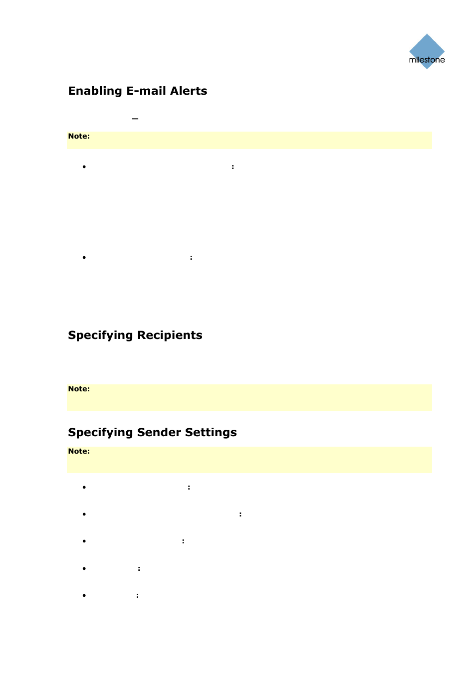 Enabling e-mail alerts, Specifying recipients, Specifying sender settings | Milestone Basis+ 6.5 User Manual | Page 71 / 160