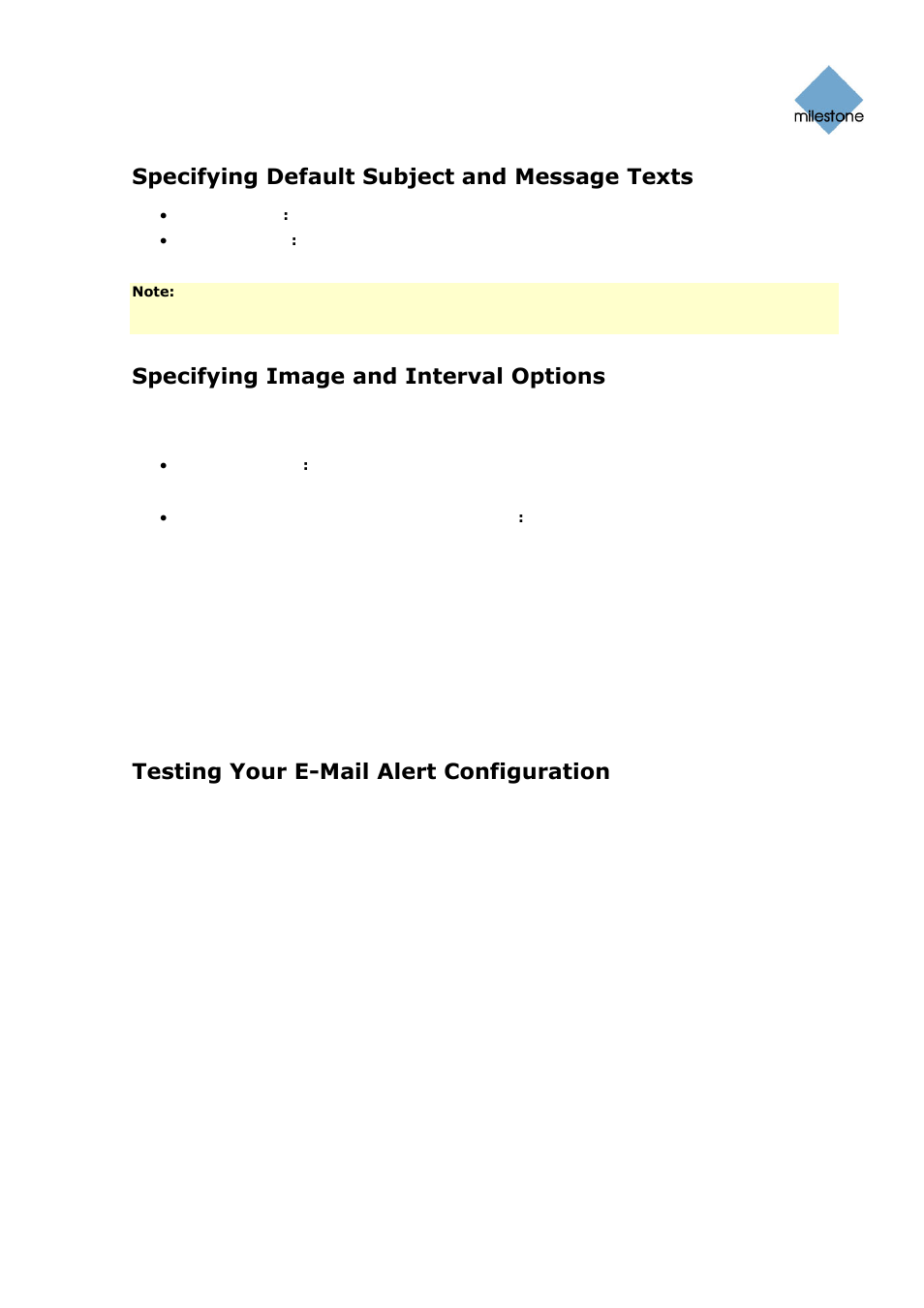 Specifying default subject and message texts, Specifying image and interval options, Testing your e-mail alert configuration | Milestone Basis+ 6.5 User Manual | Page 72 / 160
