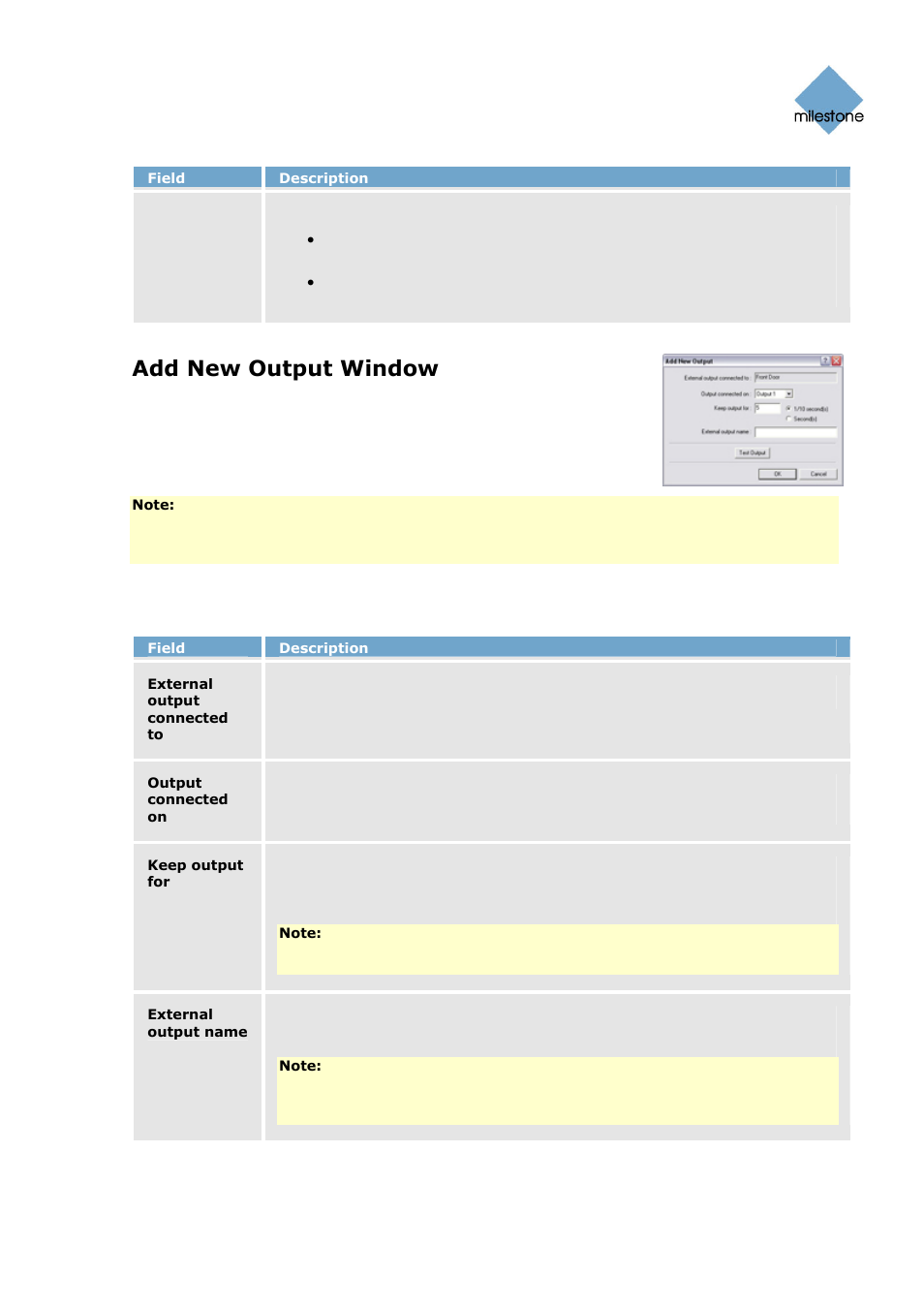 Add new output window, Add new output window’s fields | Milestone Basis+ 6.5 User Manual | Page 82 / 160