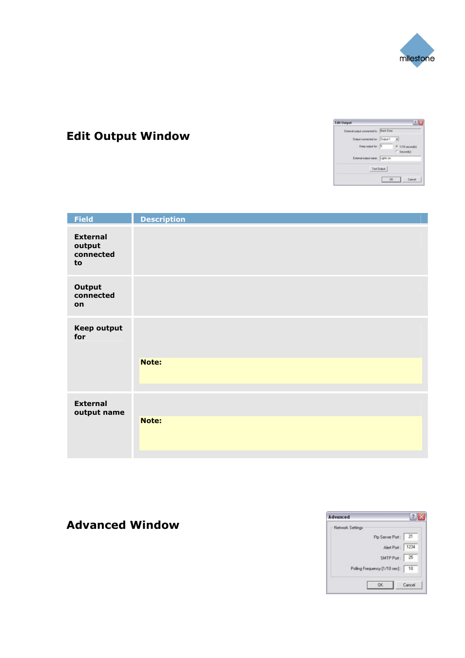 Testing the defined output, Edit output window, Edit output window’s fields | Advanced window, Port numbers and polling frequency | Milestone Basis+ 6.5 User Manual | Page 83 / 160