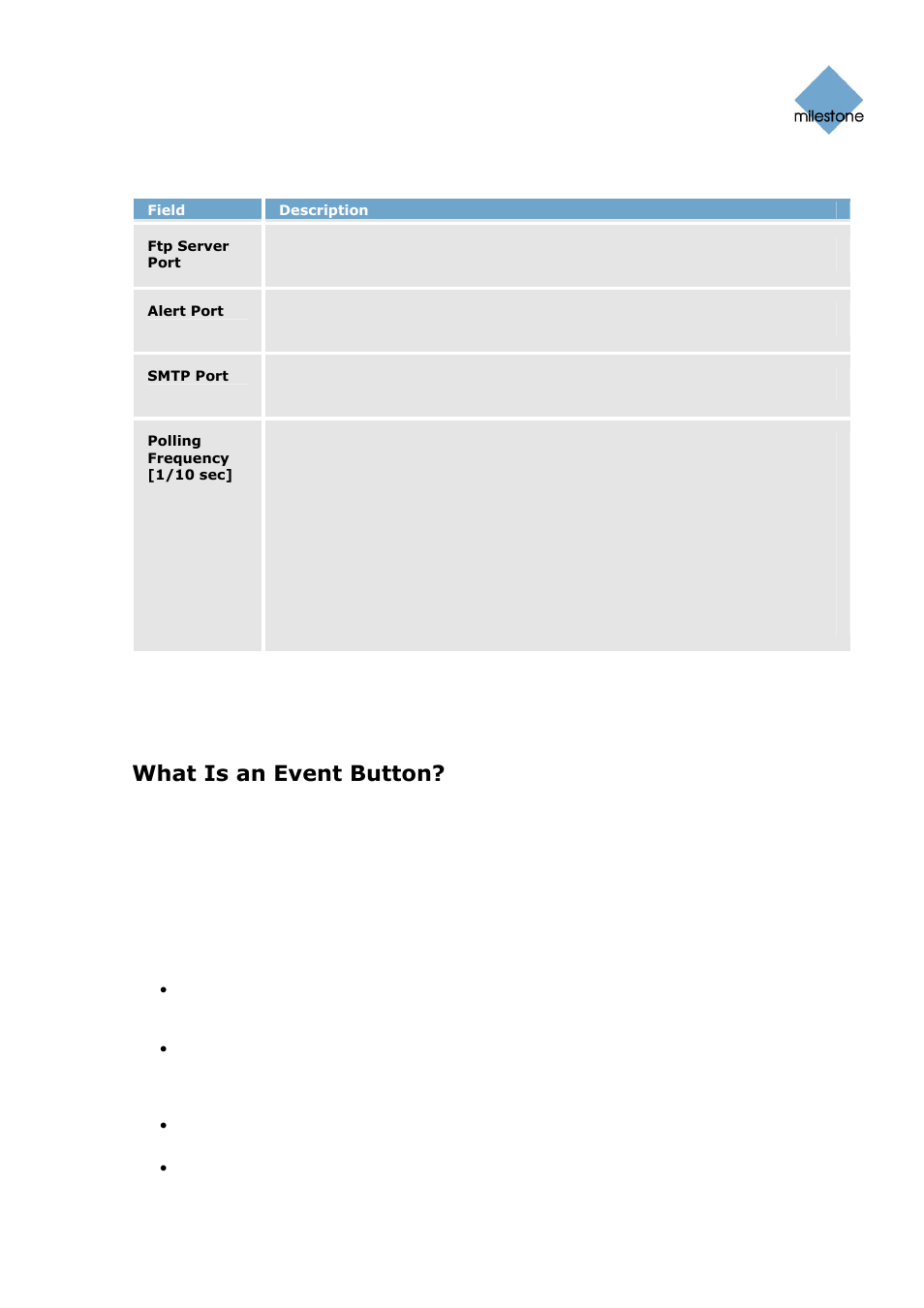 Port numbers and polling frequency, Event buttons, What is an event button | 84), you are | Milestone Basis+ 6.5 User Manual | Page 84 / 160