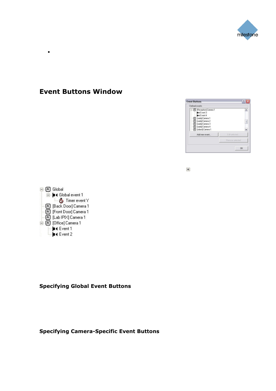 Event buttons window, Defined events list, Specifying event buttons and timer events | Specifying global event buttons, Specifying camera-specific event buttons, Below), in | Milestone Basis+ 6.5 User Manual | Page 85 / 160
