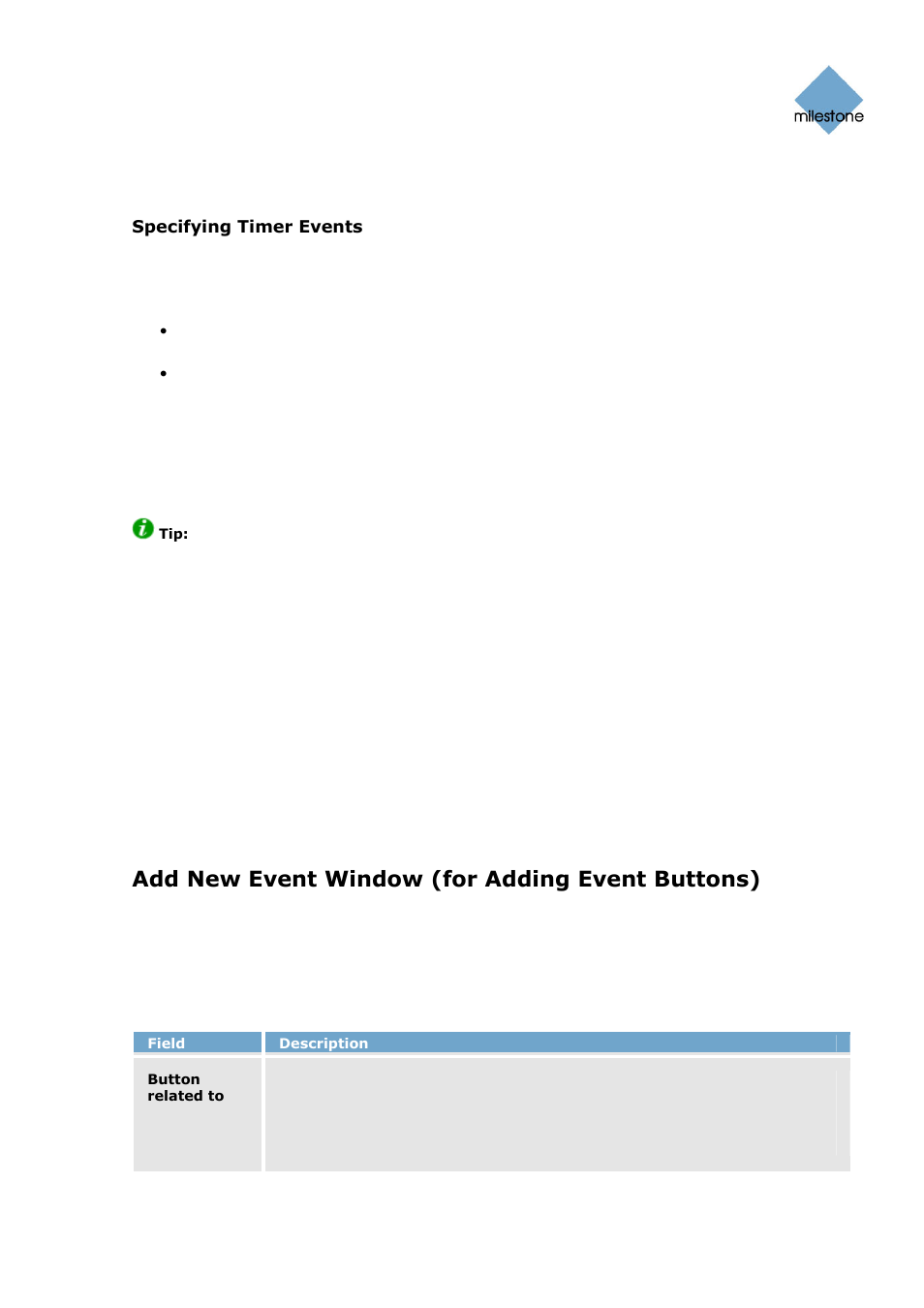 Specifying timer events, Editing event buttons and timer events, Associating event buttons with external outputs | Add new event window (for adding event buttons), Add new event window’s fields | Milestone Basis+ 6.5 User Manual | Page 86 / 160