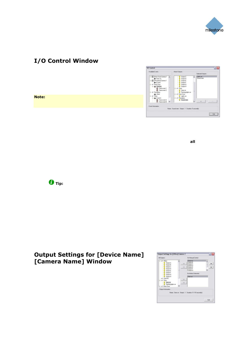 Input/output control, I/o control window, Associating event with particular outputs | Milestone Basis+ 6.5 User Manual | Page 88 / 160