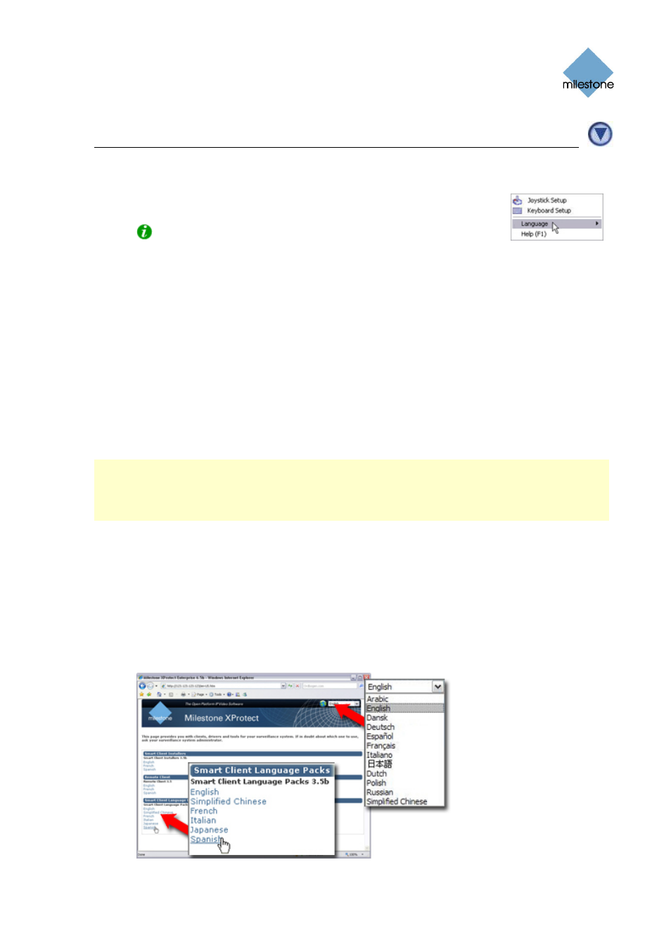 Selecting language, Getting further language versions, How to download and install a language pack | Milestone Smart Client 3.6 User Manual | Page 18 / 115