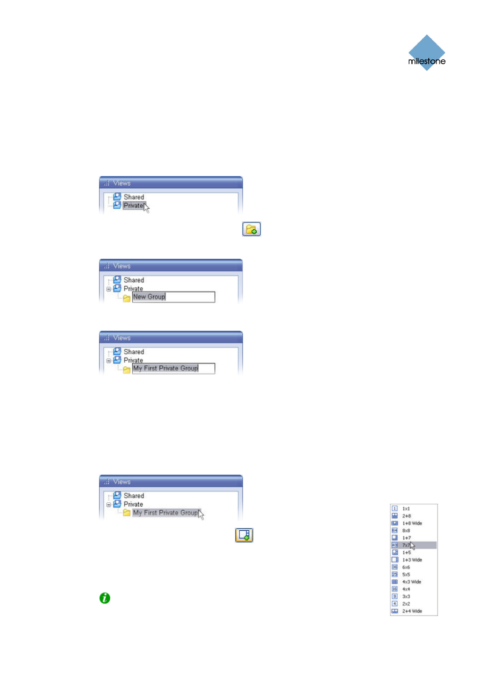 Creating a group, Creating a view within the group | Milestone Smart Client 3.6 User Manual | Page 23 / 115