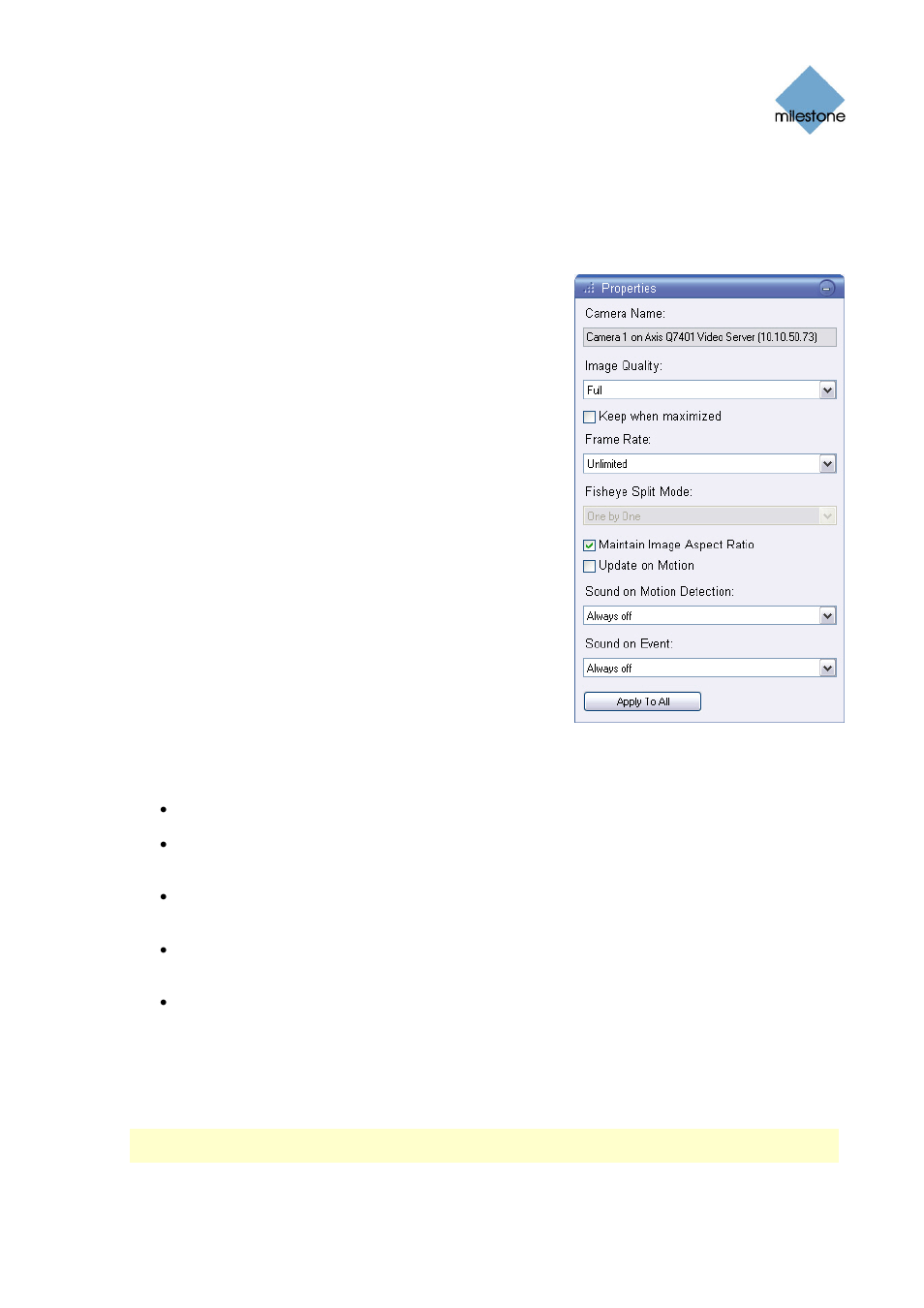 Adjusting camera properties, Camera name, Image quality & keep when maximized | Milestone Smart Client 3.6 User Manual | Page 37 / 115