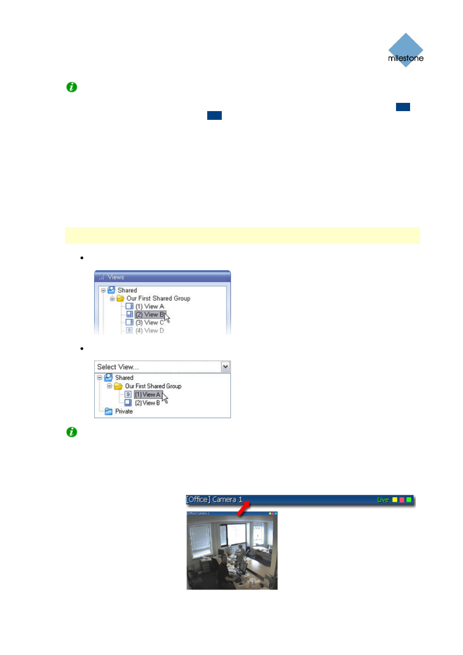 Views and their content, Selecting a view, Camera names and colored indicators | Milestone Smart Client 3.6 User Manual | Page 55 / 115