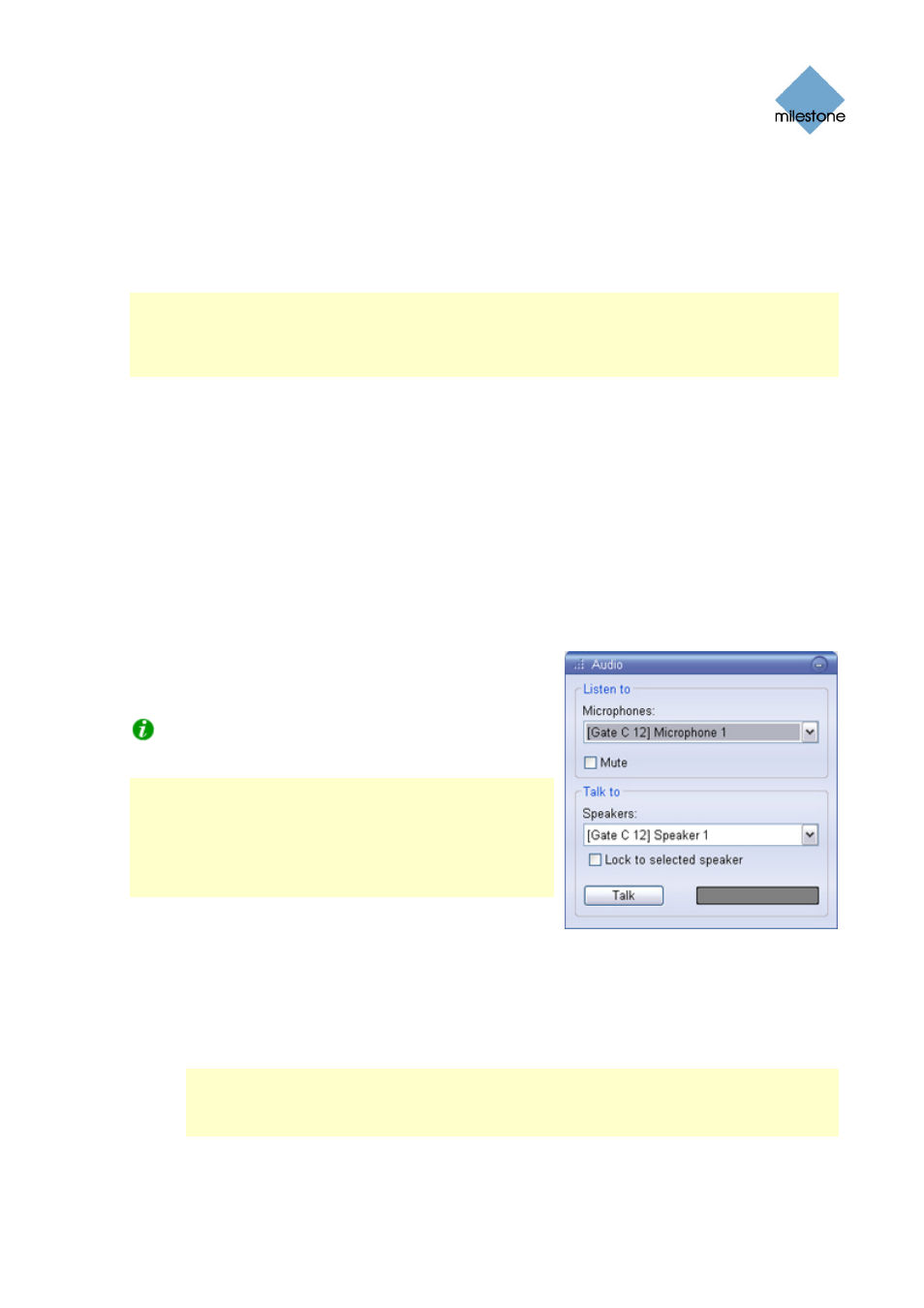 Audio (microphones & speakers), Listening, Talking | Milestone Smart Client 3.6 User Manual | Page 63 / 115