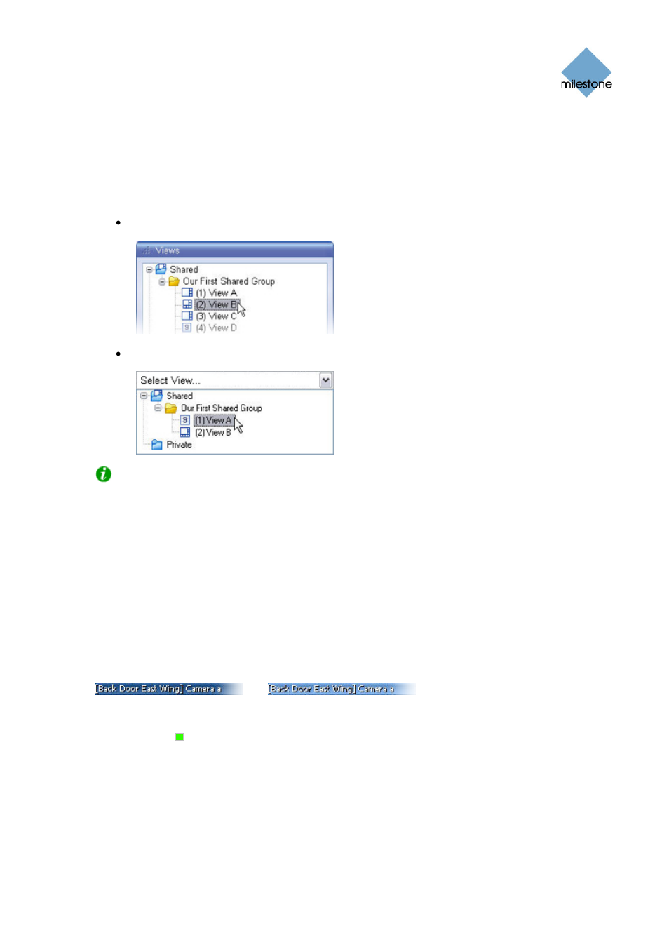 Views and their content, Selecting a view, Camera names and colored indicators | Enlarging camera positions | Milestone Smart Client 3.6 User Manual | Page 72 / 115