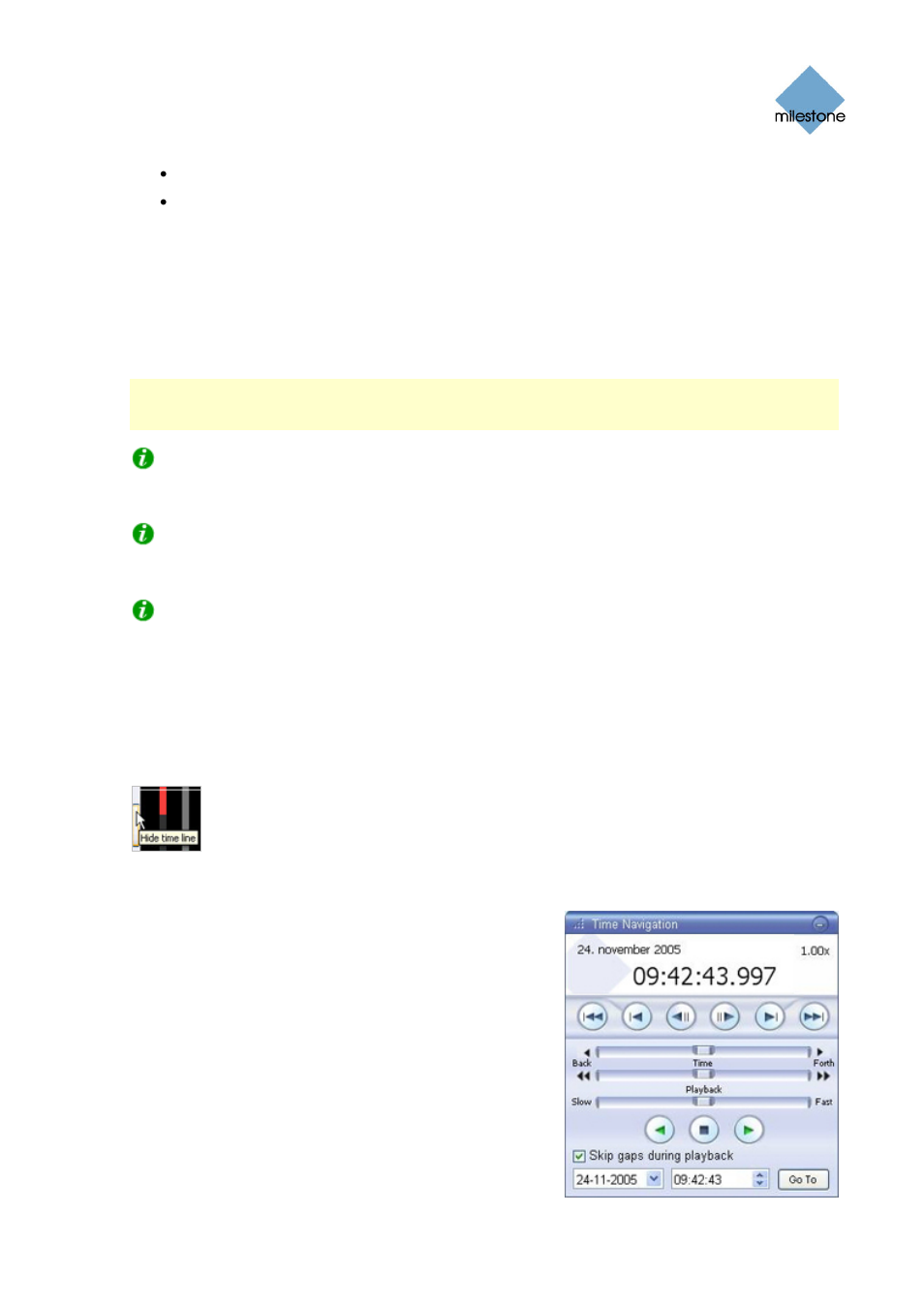 Time span, Hiding and showing the timeline browser, Time navigation | Master time area | Milestone Smart Client 3.6 User Manual | Page 76 / 115