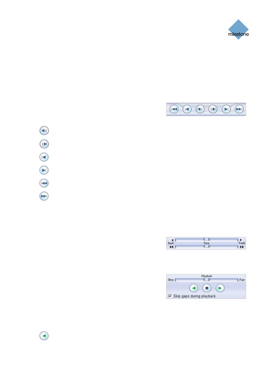 Browse buttons, Time sliders, Playback slider and buttons | Milestone Smart Client 3.6 User Manual | Page 77 / 115